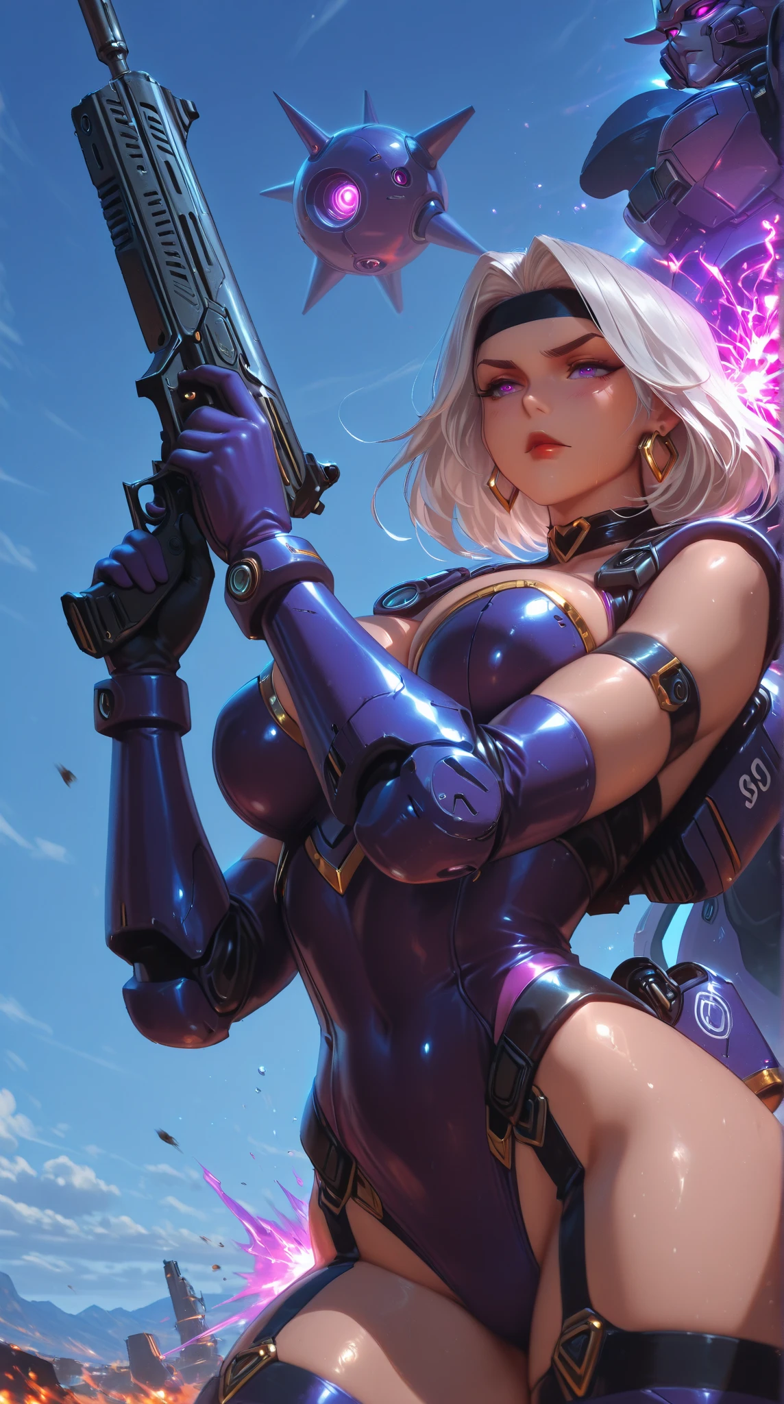 Luciwilde is a sexy cyborg with a entirely electric purple metallic body(obviously mechanical), metal helmet stylized as a fashion model hairdo (no hair visible), and a completely human face. She is flying through space propelled by jets in her feet. She has a guitar with a laser rifle built into it. Full body shot, show all of her, action pose with her weapon, best quality, extreme attention to detail, beautiful face