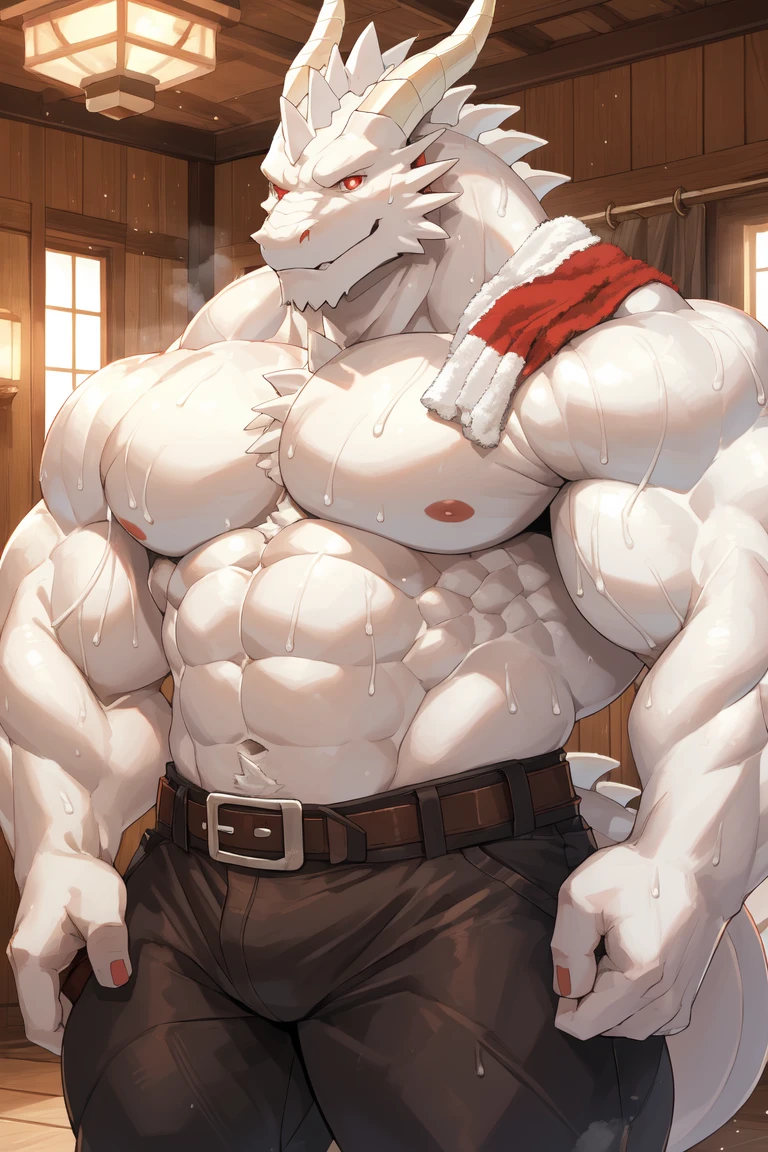 masterpiece, 8k, Hight detailed, a grizzly bear standing in gym, grin, scar on body, scar on hairy chest, Black Shorts and shirtless and topless, huge and muscular, old bear, sunset, twilight