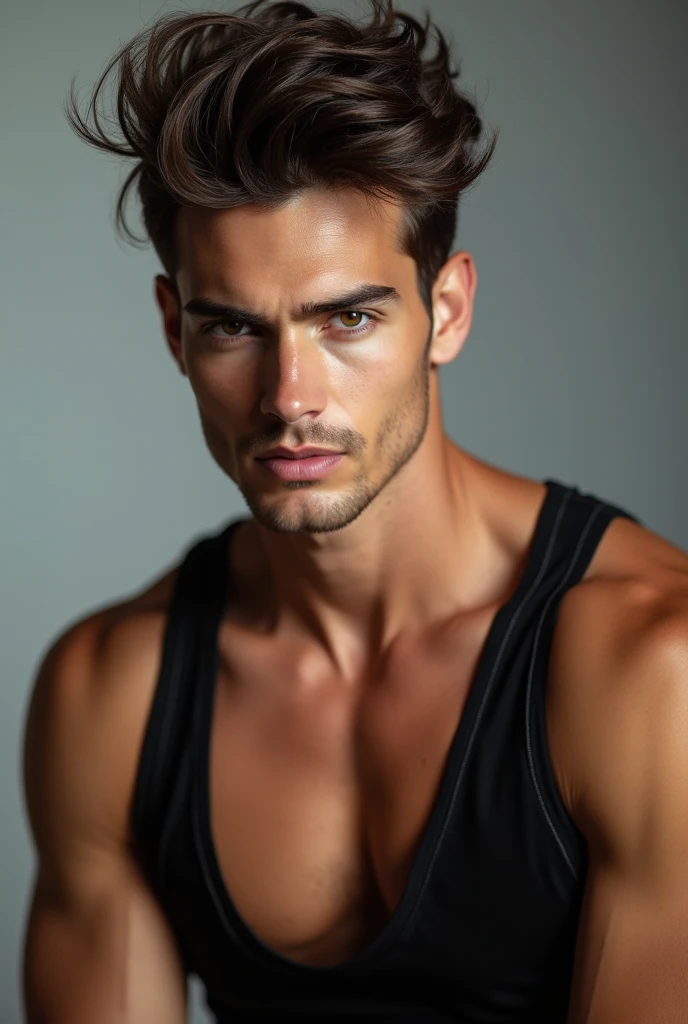 Man with deep amber eyes and a very loose fitting tank top
