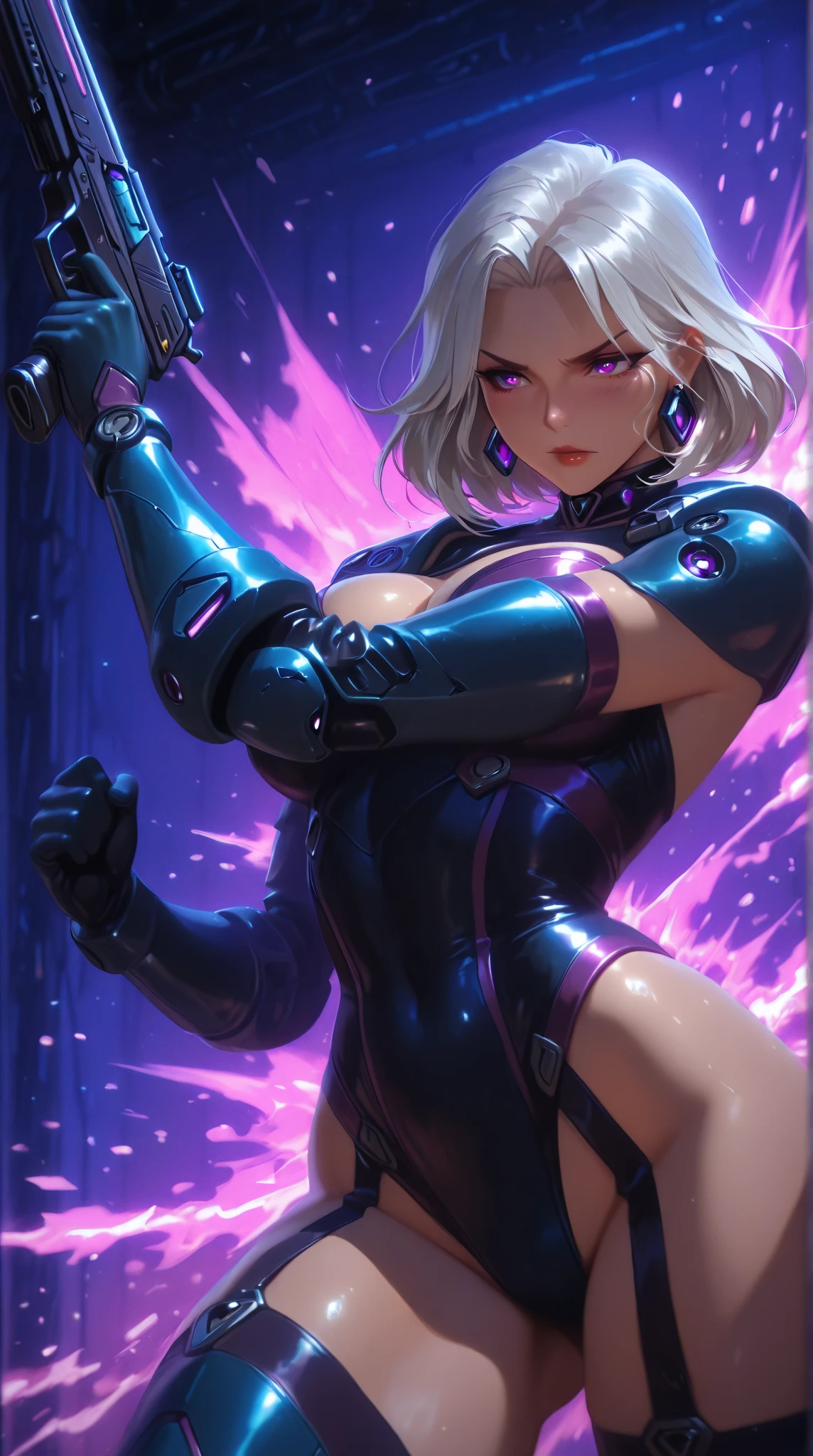 (((1girl, solo ,alone, Mortal Kombat 11: Aftermath,( toned body, athletic body, muscular ), flawless face, Sindel, black eyes, gray hair, Sidel hair, long hair pulled back, long hair slicked back, multicolored hair))),  fitness, ((solo, (1woman, pink lipstick), Extremely detailed, ambient soft lighting, 4k, perfect eyes, a perfect face, perfect lighting, a 1girl)), ((fitness, shapely body, athletic body, toned body)), ((silver dress, ((((Strapless Midi Dress)), sparkling dress)), posing on a railing, diamond shimmering dress, wearing silver dress, fancy silver dress, sexy dress, tight dress, wearing a sparkling dress, transparent gray dress, glitter dress, skintight dress, short dress, sparkly, portrait demi rose, violet myers, short minidress, shiny and sparkling, revealing stylish dress, tight attire))