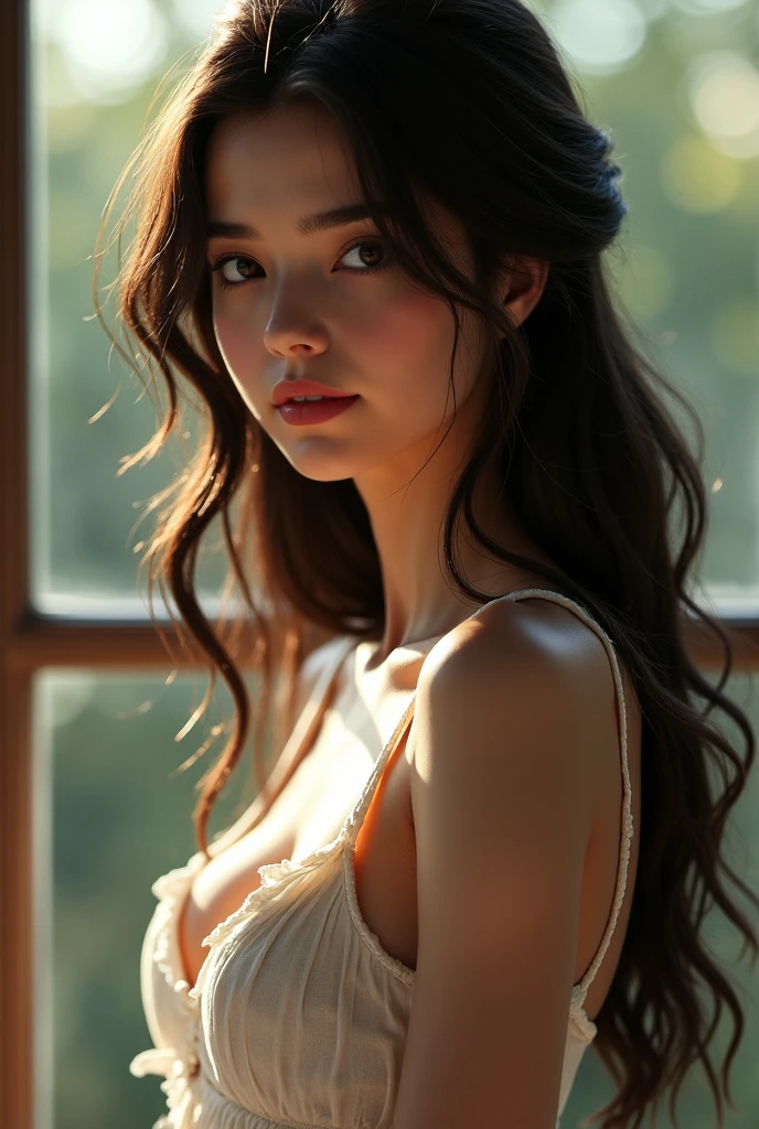 (((ultra realistic))) Photo, masterpiece, top quality, (pale skin), (Ultra detailed face and eyes:1.3), 1 girl, Adult, in a T-shirt, full body, (Eye makeup, mascara) , ((large detailed lips)), ((ash wavy hair)), ((Chyolka)) , (Natural breasts), Slim waist. ((Posing)), photoshoot, studio (soft lighting), (The play of light and shadows), depth of field, bokeh, (special attention to skin detail: 1.2), Detailed leather texture, skin pores. (Airy atmosphere of the frame. Color range - delicate, Bright, white, Pink tones), UDR, ((Film grain)), ((rays)), ((glare of the sun)), ((waist up portrait, close to the camera)) , ultra detialed,