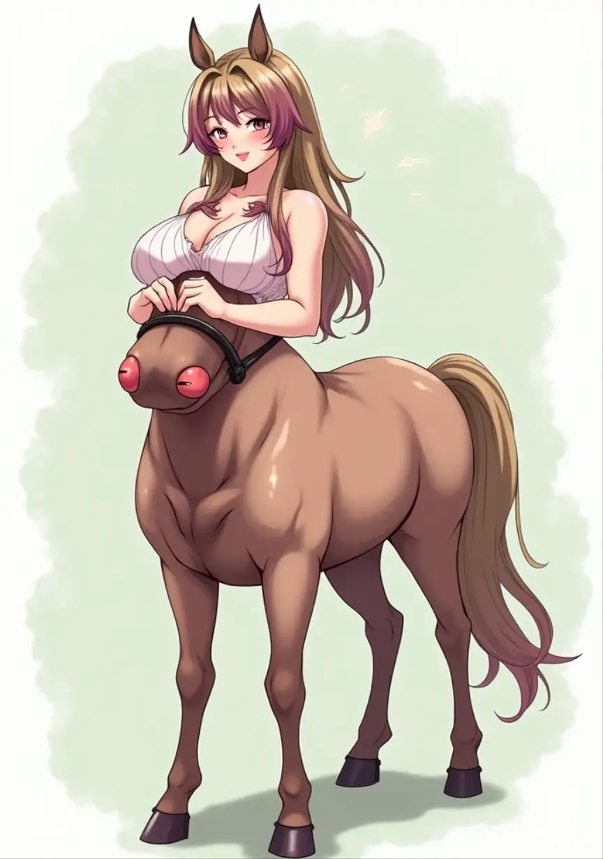 Young centaur naked. fantasy setting. long hair. Long women's haircuts. Round and soft face. The chin is round and soft. Round and soft cheeks. Curved lips. Long and wide nose. Dark brown eyes. long neck. big breasts. Centaur under the body. brown fur. Looks good and friendly. medieval fantasy in black. in an open field.