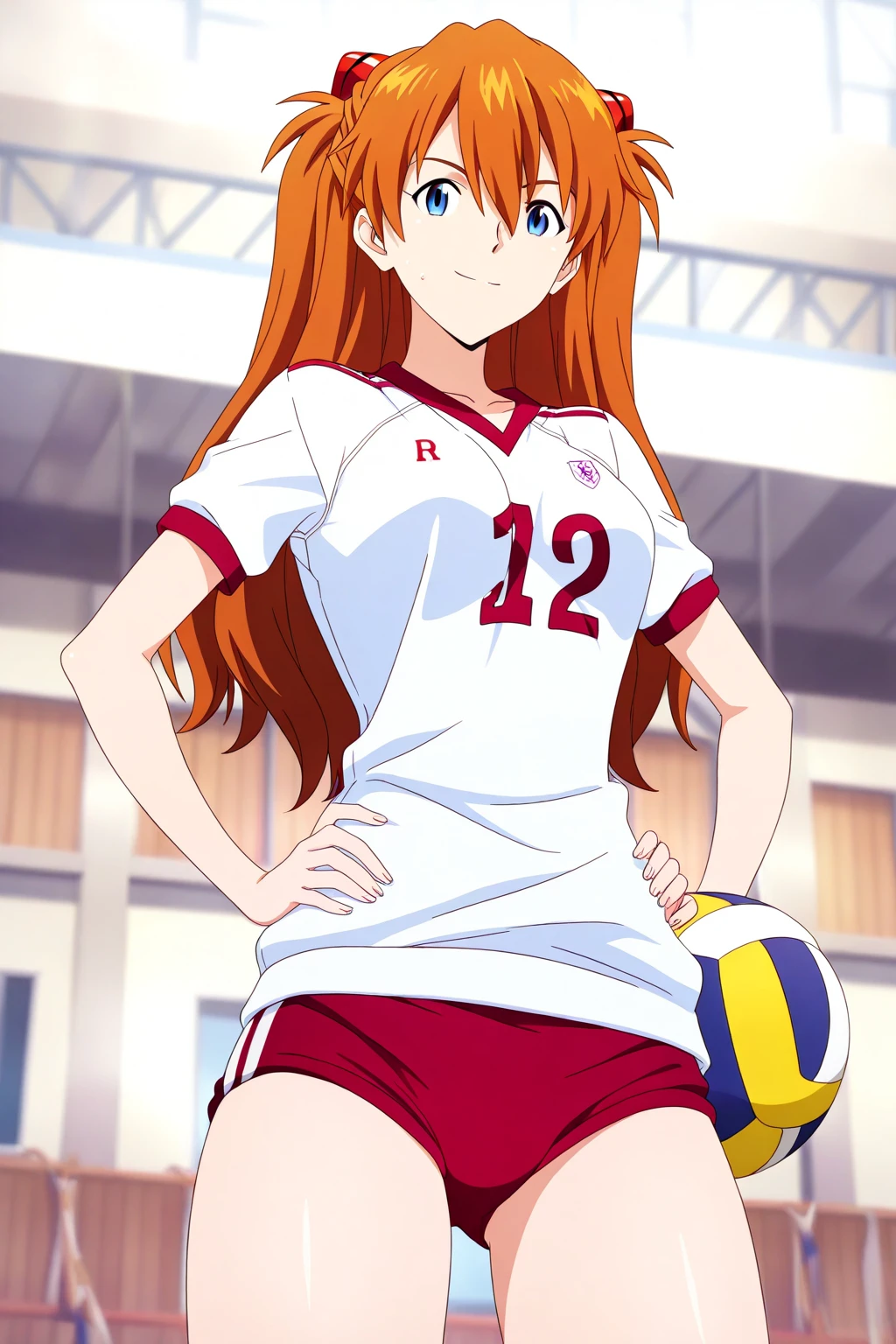 Perfect face. Perfect hands. A red haired woman with red eyes and an hourglass figure in a t-shirt and gym shorts is smiling while sitting on the bleachers at a track