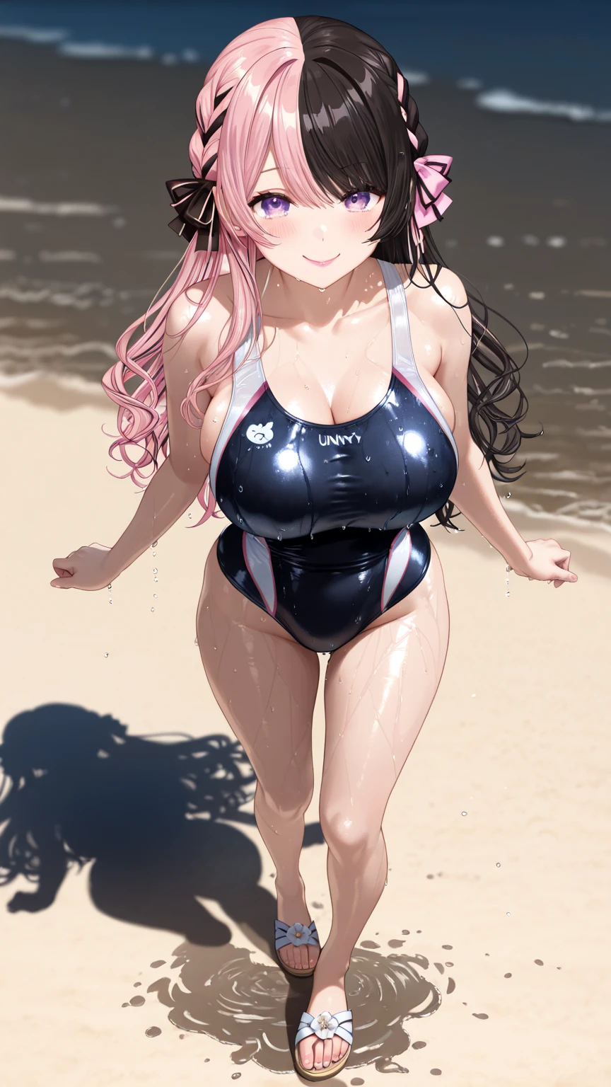 mastute piece,Best Quality,insanely detailed,8k cg,nsfw,
(shoot upper body:1.3),
(1girls:1.3),standing,looking at viewr,body in front,both arms behind back,(school-swimsuit:1.3),(bare breasts:1.2),(bare nipples:1.2),
break,
blush,shy,(ecstasy face),(trembling:1.2),break,(light pink hair:1.3),
break,
perfect breasts,perfect teats,(open mouth:0.9),(large breasts:1.2),
(beach),