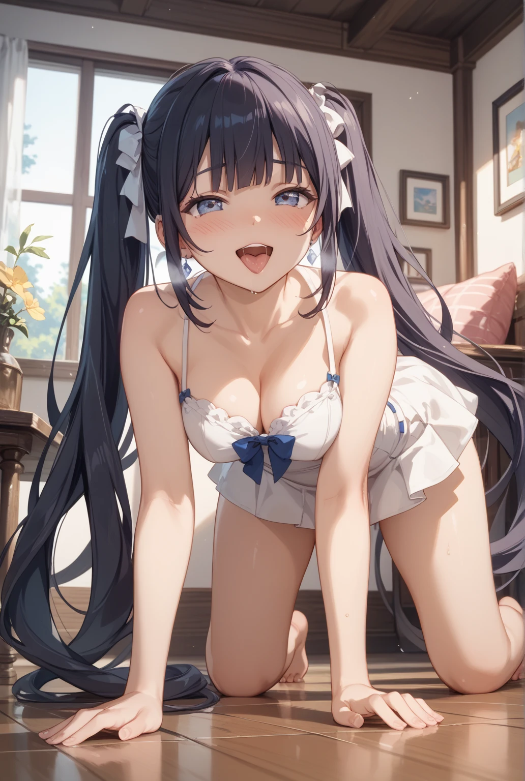 (8k, Highest quality, masterpiece:1.2),The girl looks down at the viewer in a cowgirl position、The girl is looking down at the viewer、Beautiful girls,Young face,Innocent expression,Flat Chest,Blushing,Mouth shape before kissing,A white one-piece dress that lets your skin show、Composition looking up from below the stomach、The structure of the incitement