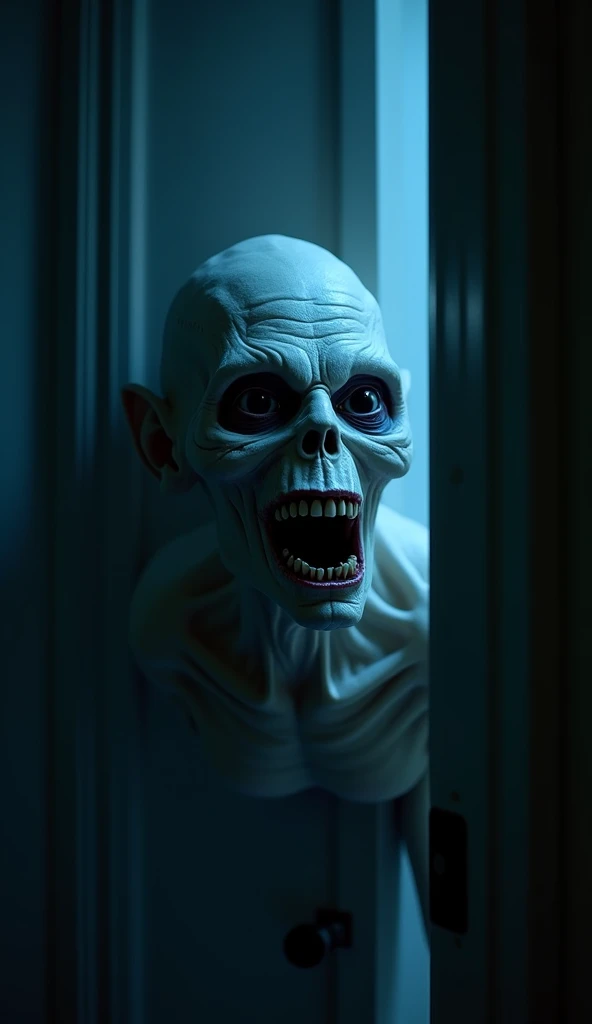 the head of a scary monster appearing in the doorway to a totally DARK room inside an abandoned house