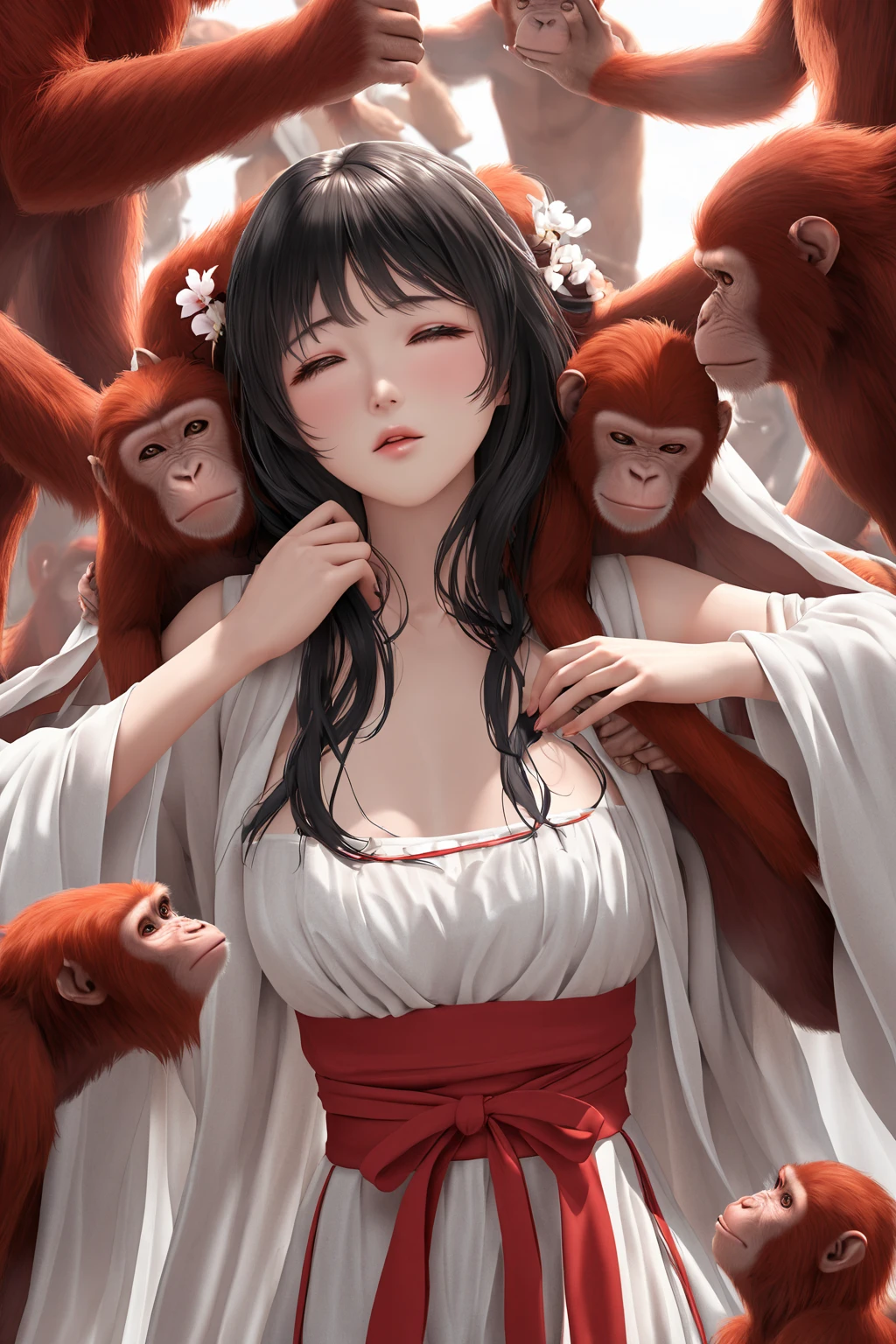 超大群の雄猿に囲まれる 1 人のCompletely naked大人女性, Highest quality, figure, masterpiece, Very delicate and beautiful, Very clear, Extremely detailed CG, 8k, masterpiece with attention to detail, Highest quality, Official Art, Ultra Clear, Very detailed, Ultra-high resolution, beautiful detailed mature lady, Very detailedな目と顔, Beautiful fine details, ((((Completely naked、Full nudity))), 完全なFull nudity、完全なCompletely naked,( (Super big with beautiful shape)))),( (Huge boobs)))),((Skinny and very big boobs)))),((Sexy mature adult woman with light brown hair)),(Lustrous fair skin)))), (((Sexy smile))),Trance、The best smile、A big smile、Very blushing cheeks、blush頬、blush、long bangs that hide the eyes,、Blonde hair only at the ends、Colorful light brown hair、(((lots of heartマーク, heart, heartマーク))), Looking at the audience, Look forward, (((Slender Super Large)), Perfect Style, (((Seduce))),Sitting on the bed、(((Clear blue sky)))、(((Surrounded by a large number of crowded male monkeys)))), ((Packed with so many super-masses of male monkeys)), ((He is seen surrounded by a large group of male monkeys.)), (((He is surrounded by a massive group of male monkeys, so densely packed that they fill the entire space.))), ( In the background, a herd of male monkeys is crowded together, filling the entire screen.), A huge group of male monkeys swarming in all directions, At the top, a group of giant male monkeys, end, about, He is surrounded by a group of male monkeys so densely packed together that there is no space between them., (((A huge group of male monkeys fills the entire area.)), (Surrounded by a large number of crowded male monkeys)))), (( Many male monkeys in groups)), ((He is seen surrounded by a large group of male monkeys.)), (((Surrounded by a horde of male monkeys so densely packed that they filled the entire space.))), (In the background, a herd of male monkeys is crowded together, filling the entire screen.), A huge group of male monkeys swarming in all directions, A huge group of densely packed male monkeys, Down, about, He is surrounded by a group of male monkeys so densely packed together that there is no space between them., ((A huge group of male monkeys occupying the entire area)), ((A huge group of male monkeys crowding together)), ((Surrounded by a large group of male monkeys)), (Surrounded by a horde of male monkeys so densely packed that they filled the entire space.))), ( In the background, a herd of male monkeys is crowded together, filling the entire screen.), A huge group of male monkeys swarming in all directions, A huge group of male monkeys crowded at the summit, end, about, He is surrounded by a group of male monkeys so densely packed together that there is no space between them.、Being surrounded by an incredible number of monkeys
