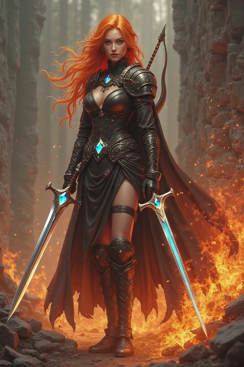 ((full body shot)) of a girl in regal, fire-themed armor with intricate gold and red details, standing in a blazing, volcanic landscape. She has long, flowing fiery red hair and intense, glowing amber eyes. Her skin has a warm, sun-kissed hue, and she is adorned with molten lava-like patterns. She holds a majestic sword engulfed in roaring flames, casting a bright, fiery light. The atmosphere is {intense|majestic}, with lava flows and embers illuminating the scene. The ground beneath her is cracked, molten earth, reflecting the intense light and adding to the fiery ambiance. Surrounding her are jagged rocks and bursts of flame in shades of {red|orange}, casting a fierce, incandescent glow. The background features towering volcanic peaks and a sky filled with ash and smoke, hinting at a powerful, fiery kingdom. The scene is dynamic and awe-inspiring, with her face showing a determined yet regal expression, her eyes focused intently on her blazing domain.

[Best quality], [Masterpiece], [Ultra-detailed], [4k], {intense|majestic} atmosphere, fiery kingdom, {dynamic pose|regal pose}, blazing illumination, {soft shadows|dramatic lighting}, {reflected light on molten earth:0.7}, {jagged rocks:0.6}, {bursts of flame:0.5}, {volcanic peaks:0.4}, {ash-filled sky:0.3}.