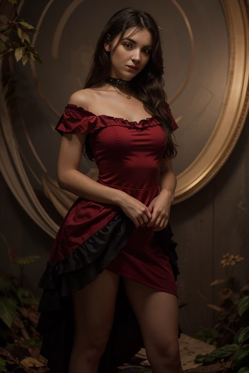 (medium full shot) of man, (Mesmerizing witch) young woman, australian, pale skin, hazel eyes, normal build, dark hair,  wearing deep red satin top, layered skirt, pointed hat, striped stockings, black Mary Janes, serpent familiar, set in  witch coven, Ritual Chamber, Dimly lit space with ancient tapestries adorning stone walls, a large wooden altar in the center, ornate candle holders, ritualistic symbols carved into the floor, and an assortment of mystical artifacts displayed on shelves , woman smiling at the viewer, Masterpiece,best quality, photo, realistic, very aesthetic, detailed face,