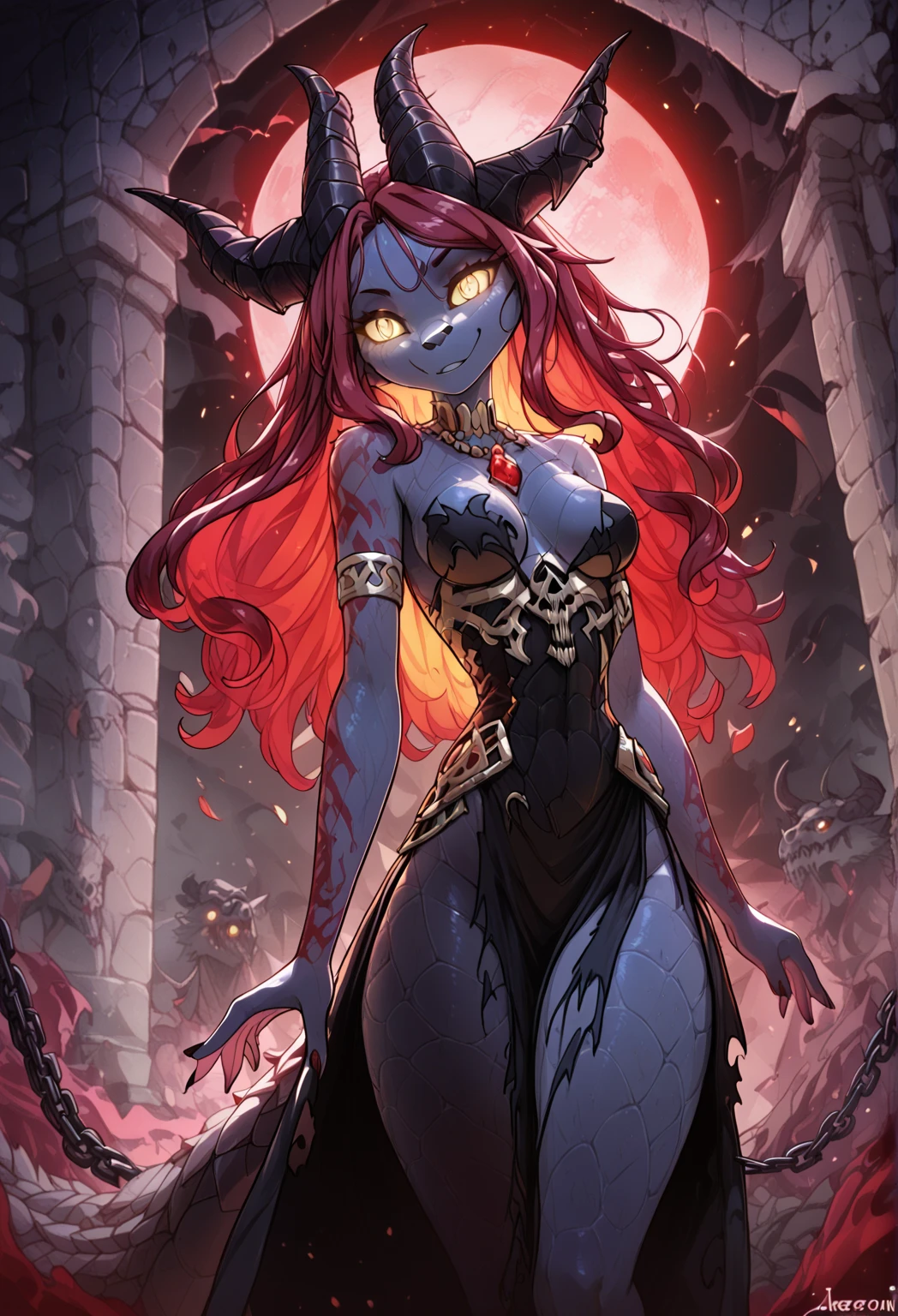 score_9, score_8_up, ((adult))
(dragon:1.2), mature, (female), (glowing tattoos, red hair, horns, skale skin, black scales, perfect body), sweet face, shy face, delicate face, random face expression, solo, fassion model, random fashion pose, exelent body, (focus), beautiful