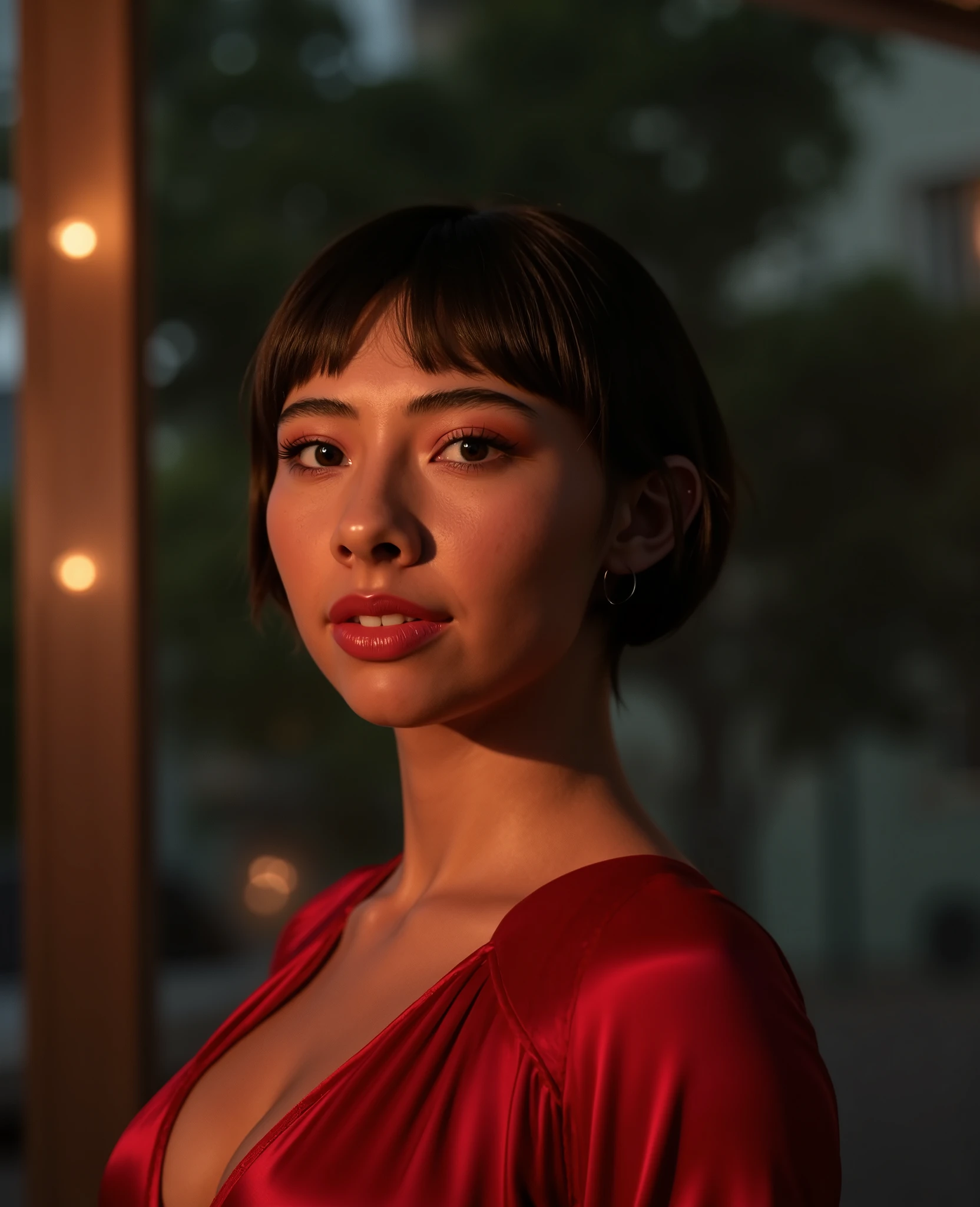 Em uma cena cinematográfica e hiper-realista, Xochitl Gomez wearing a red dress, at night, short straight black hair, fit body, normal fit legs, she's 30 years old