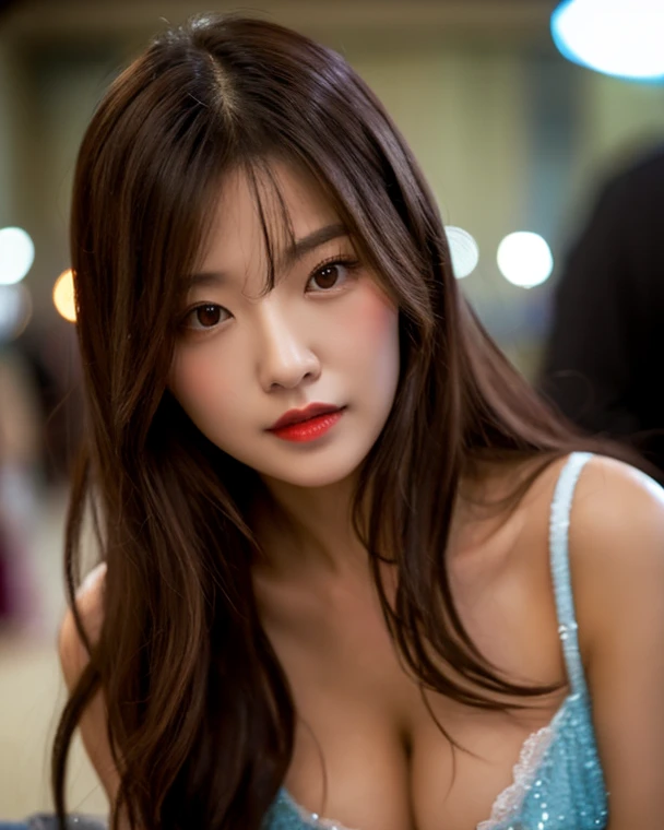 Top quality, masterpiece, high resolution, 1 girl, mature feminine, delicate collarbone, super skinny high split deep V liquid dress, silky long hair, necklace, jewelry, beautiful face, top_body, Tyndall effect, realistic, dark studio, edge lighting, duotone lighting, (high detail skin: 1, 2), 8k uhd, dslr, soft light, high quality, volumetric light, frank, photo, high resolution, 4k, 8k, bokeh