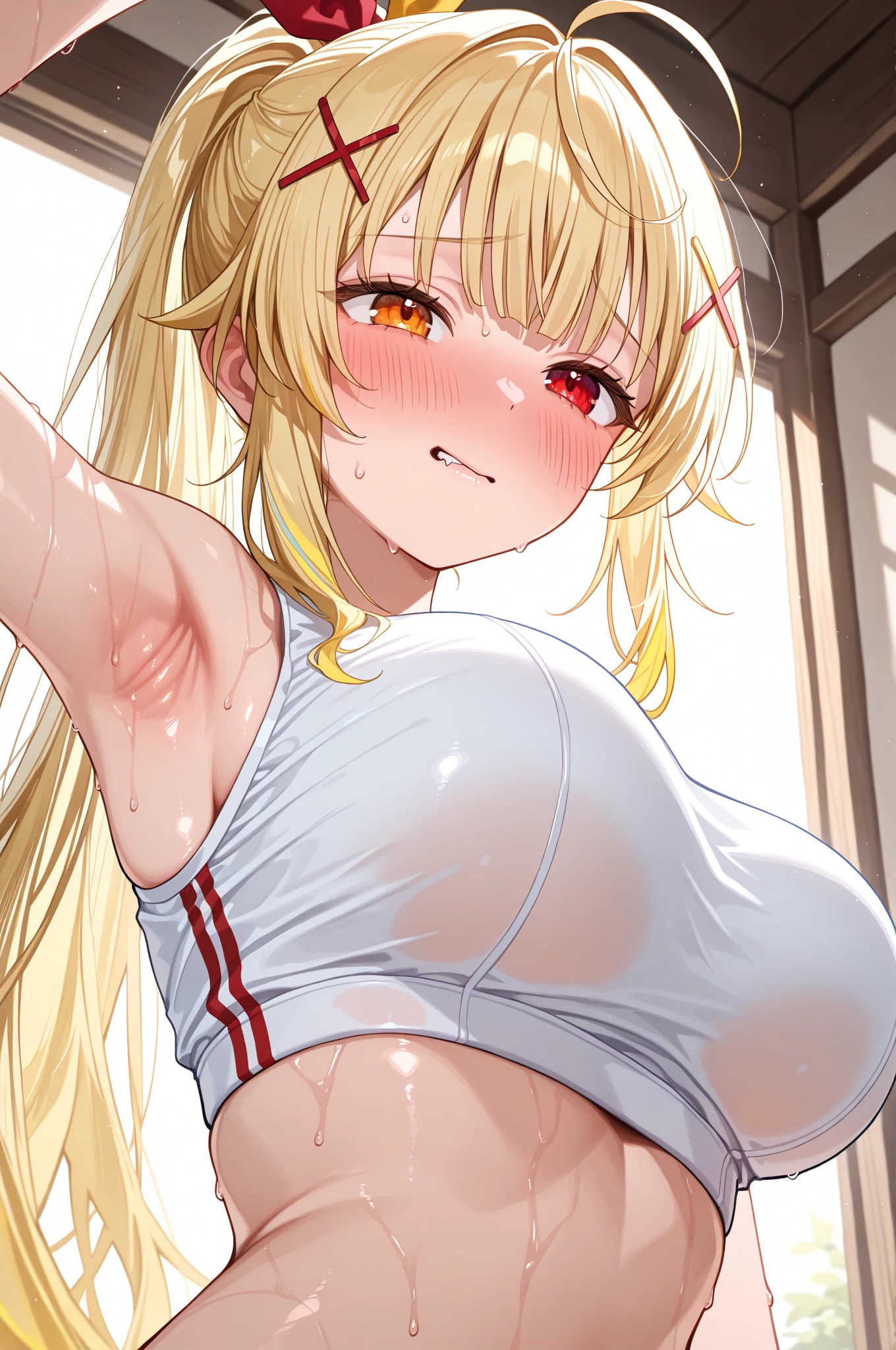 gym, exersice, workout, hot, sweating, sweaty, tan, big boobs, tan skin, lifting, flustered, blush, pink clothes, see thru, in pain, sitting, sitting on ground, resting,  blonde hair, earrings, gyaru, ponytail, blonde hair , older girl, black ground, black floor, inside gym, plum, closed eyes, clenched teeth, blonde
