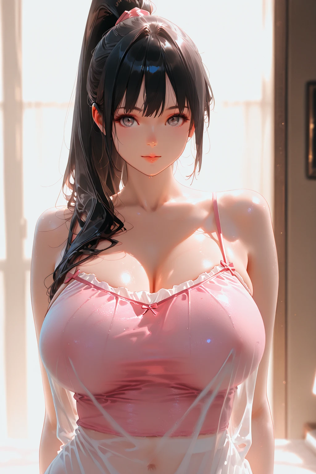 a woman in city, clothes casual, big boobs.