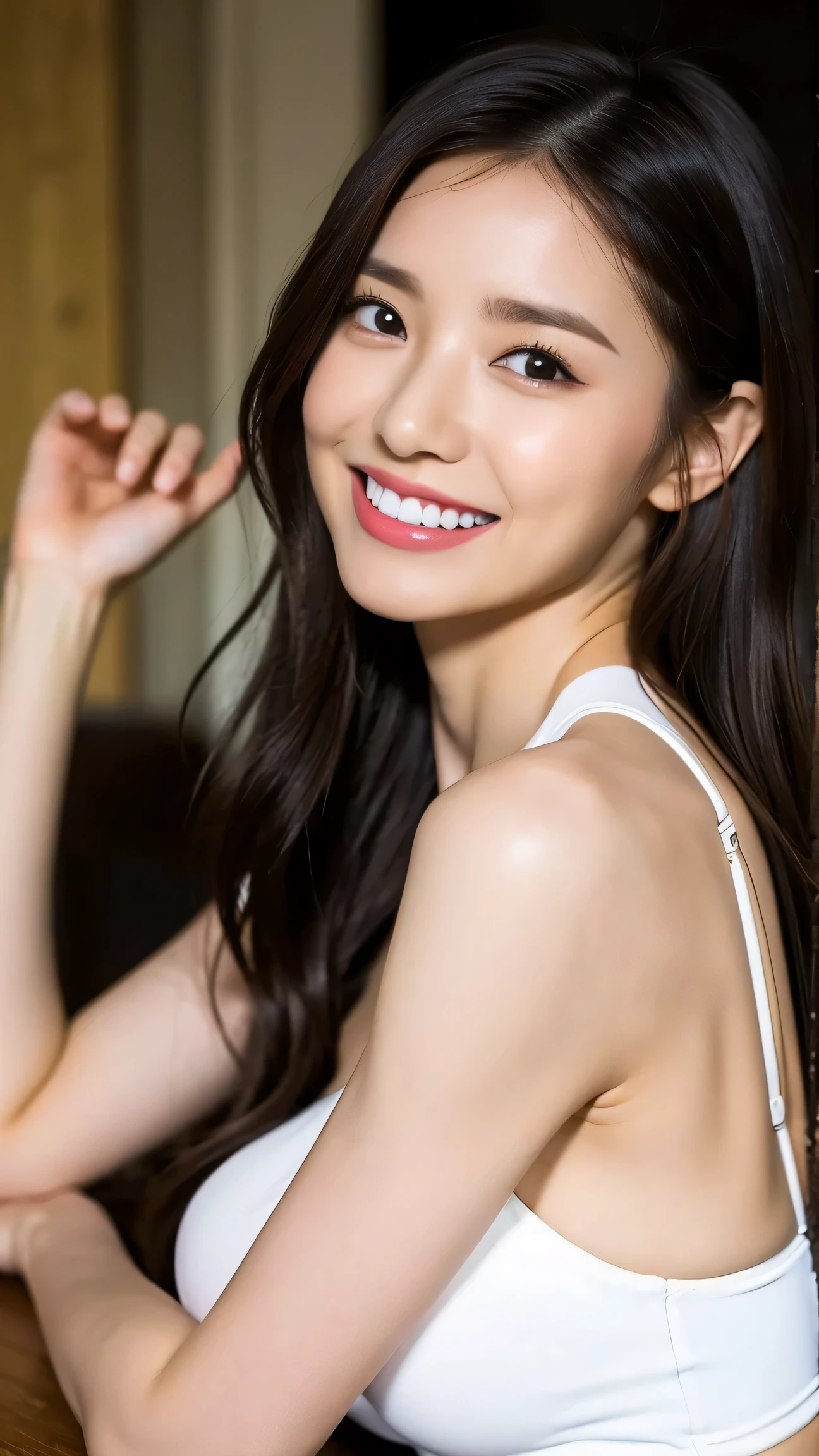 top-quality。８K-Picture。Young gravure idols。Beautiful Women in Perfect Style。Slender but big breasts。The attraction of the gap。Slim abs。dark brown  hair。(Colossal tits：1.4)。kawaii eyes。Double eyelids。long, Wavy Hair。Very delicately drawn face。Perfect Style。Shot in a red swimsuit。(The fate of gravure idols、Colossal tits：1.4)。Subtle smile or shyness。
