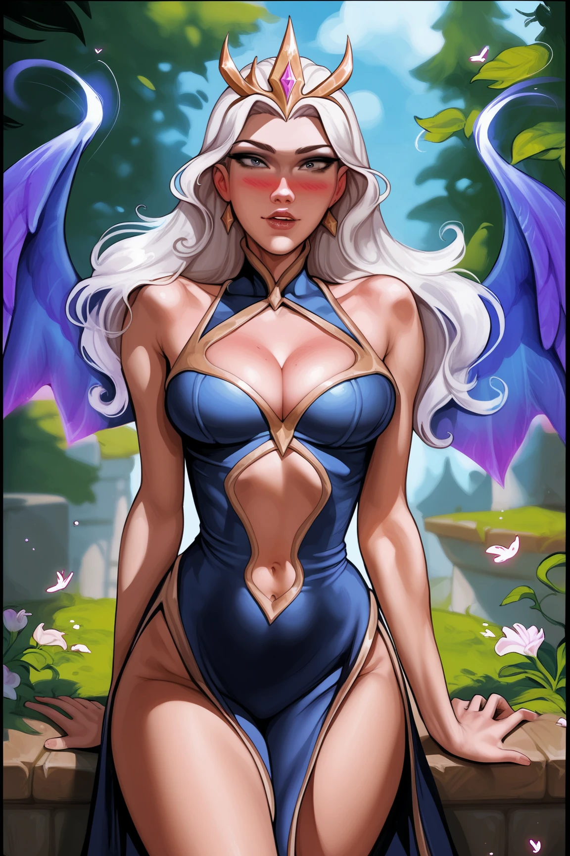 score_9, score_8_up, score_7_up, score_6_up, score_5_up, source_cartoon, amalthea standing in the forest,  skimpy-dress, large-cleavage, choker, seductive, detailed, high saturation, high quality