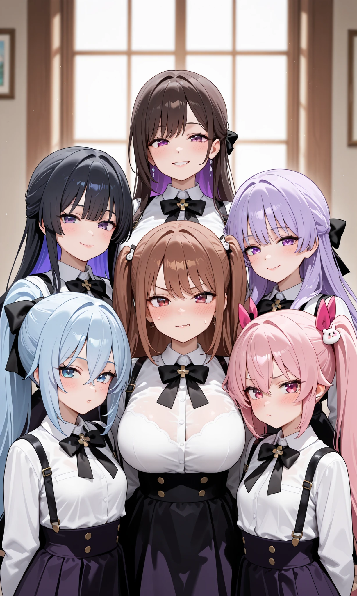 Harem Multiple Girls Smiling Best Quality Masterpiece Long Hair Ponytail Twin Tails Maid School Big Tits