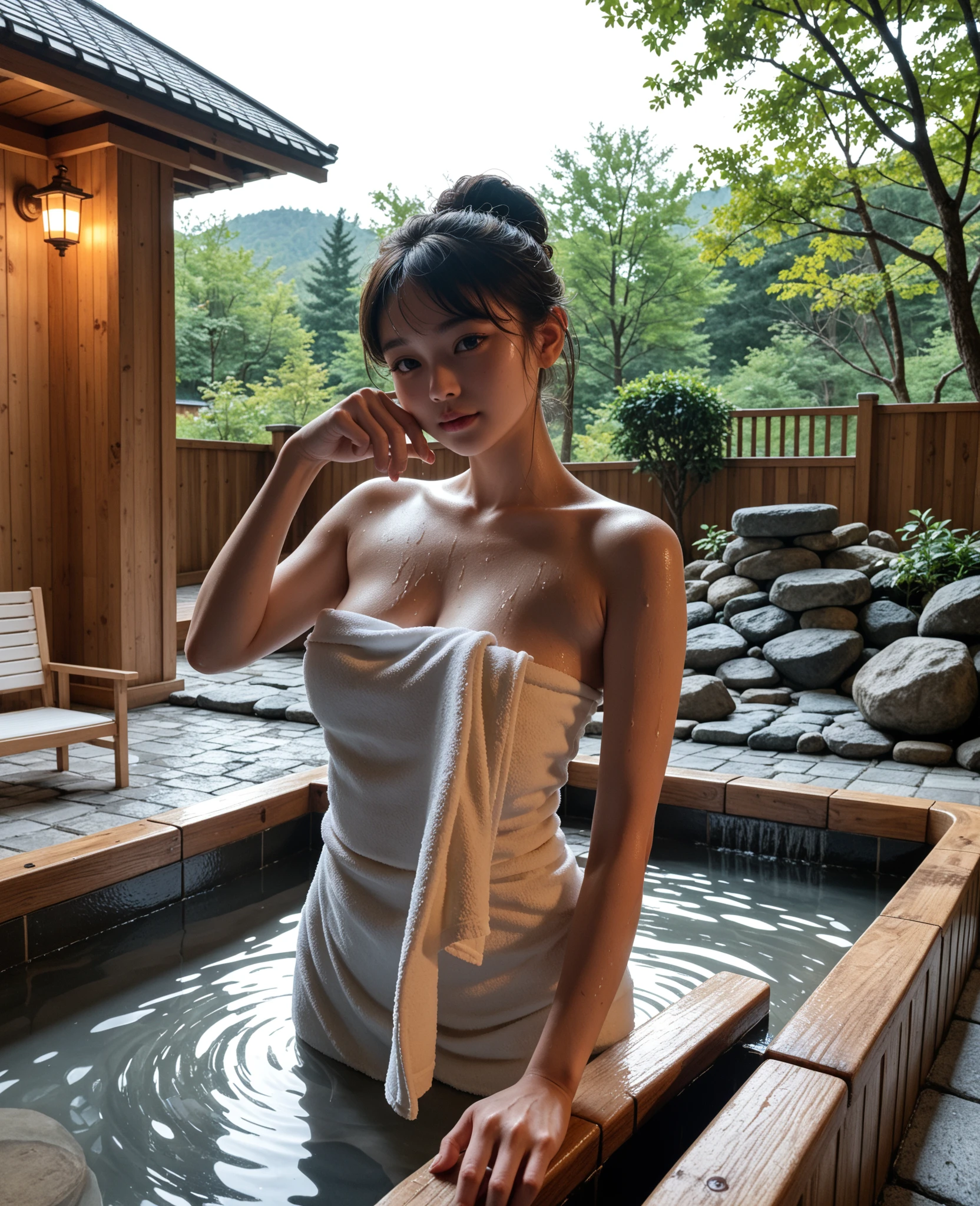 A woman posing for a photo shoot(back_view、From behind、looking_at_viewer:1.3)、(Towel wear、In the sauna:1.3)、
good hand、4K、hight resolution、​masterpiece、top-quality、headw:1.3、((Hasselblad))、Fine skco nítido、(Cinematographic lighting)、clavicle、natta、Soft lighting、dynamic ungle、[:(Detailed face:1.2):0.2]、(((5 star hotel)))、takeout、
