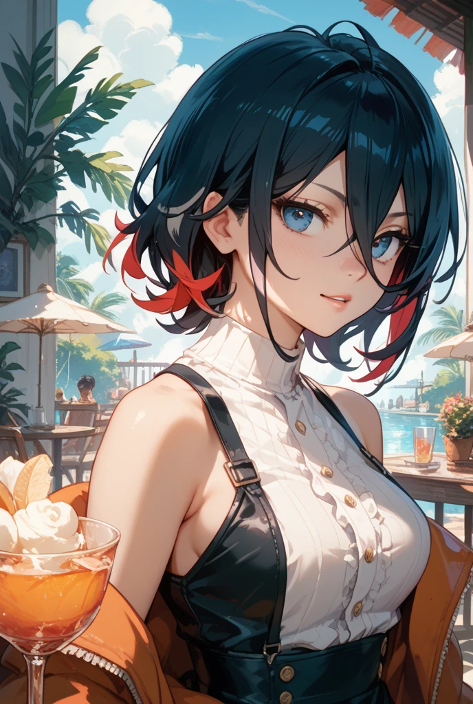 Ultra detailed, Highres, absurdres, HDR, master piece, Mikasa Ackerman, black hair, short hair, expressive gray eyes, Shingeki No Kyojin, woman, extremely beautiful, solo, beach, black swimsuit, water, green leaves, glittering, petals, fantasy, close up, magical, holding a cocktail, flowers
