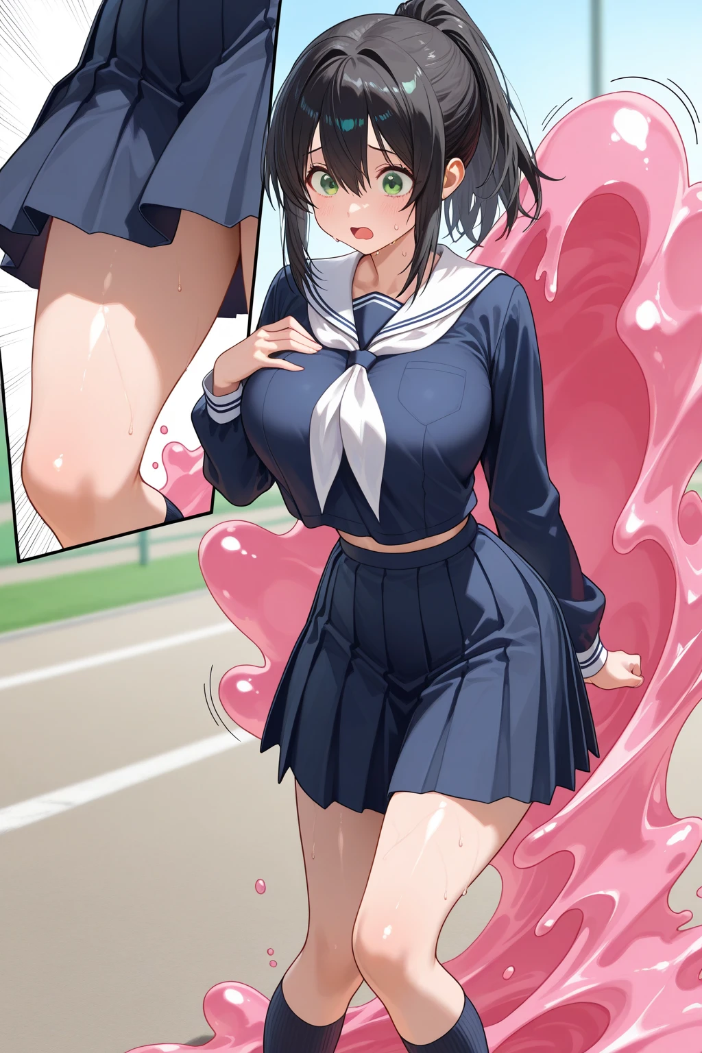 masterpiece, Highest quality, Nico_Yazawa,High resolution, 1 Girl, alone, Brown Hair, short hair, Twin tails、Purple eyes, , , (Cleavage)、(Beautiful thighs), Carrying a red backpack, (randoseru backpack:1.2) Sweaty、Thick thighs、Highest quality、4K、One girl, 8-year-old, change, cute, Grin, (Surrounded by men in the park))、、Thick thighan with his penis out, Surrounding the girls、Semen from the penis、Bukkake、Bukkake、(Bukkake)With projectile、Blowjob、Lots of passersby、Embarrassed face、Low length、、、Handjob、Old School Swimsuit、、Spread your legs、(Ahegao)(Handjob)(Blowjob)Many male passers-by、A lot of men