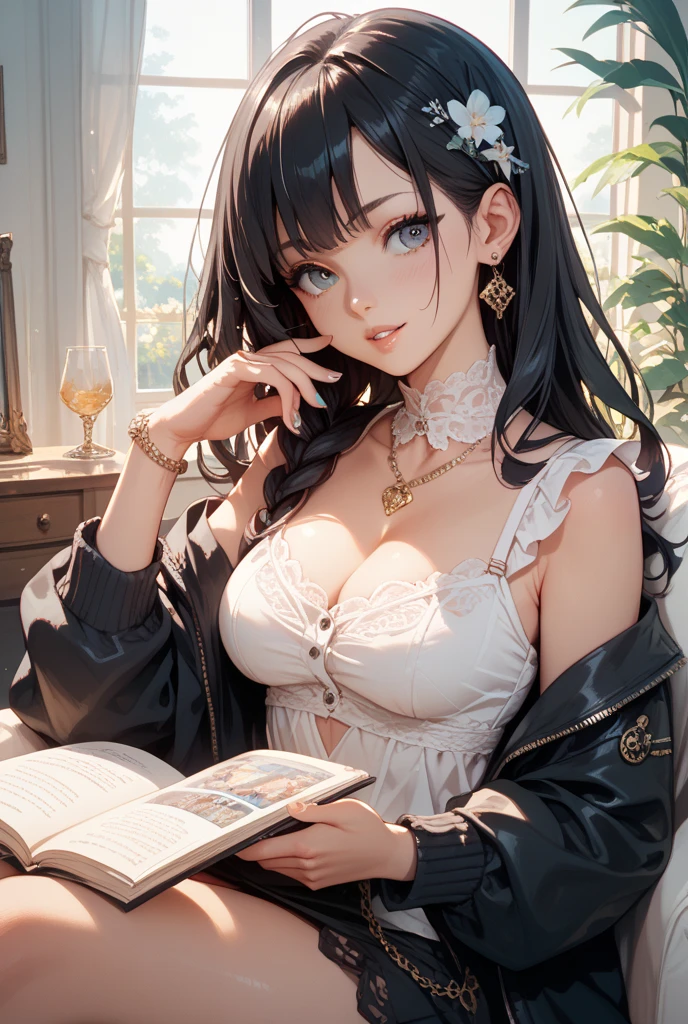 ((melhor qualidade)), ((obra de arte)), (detalhado), rosto perfeito, medium breasts, saia,estudante, cabelos longos, cropped