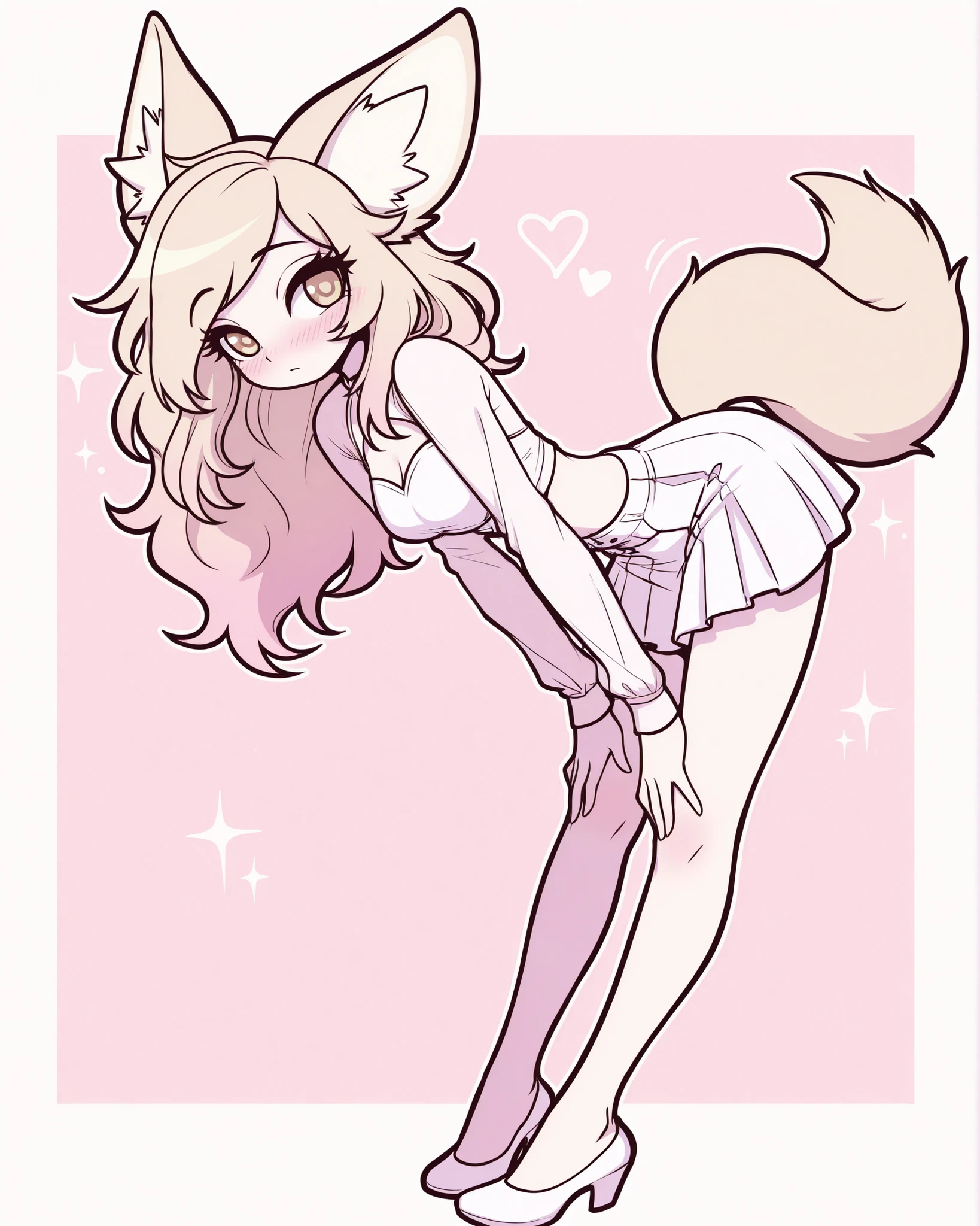 curved back, hunched over, hyper bend over,CartoonyIllustrious,A beautiful kemonomimi girl with fennec fox ears and soft golden-blonde hair, big expressive eyes, wearing a delicate white cropped blouse tied at the front and a high-waisted short skirt, soft seductive expression, subtle blush, long fennec tail behind her, white solid background, anime shojo style, soft pastel tones, elegant lighting, high detail, 3/4 portrait, dreamy vibe
