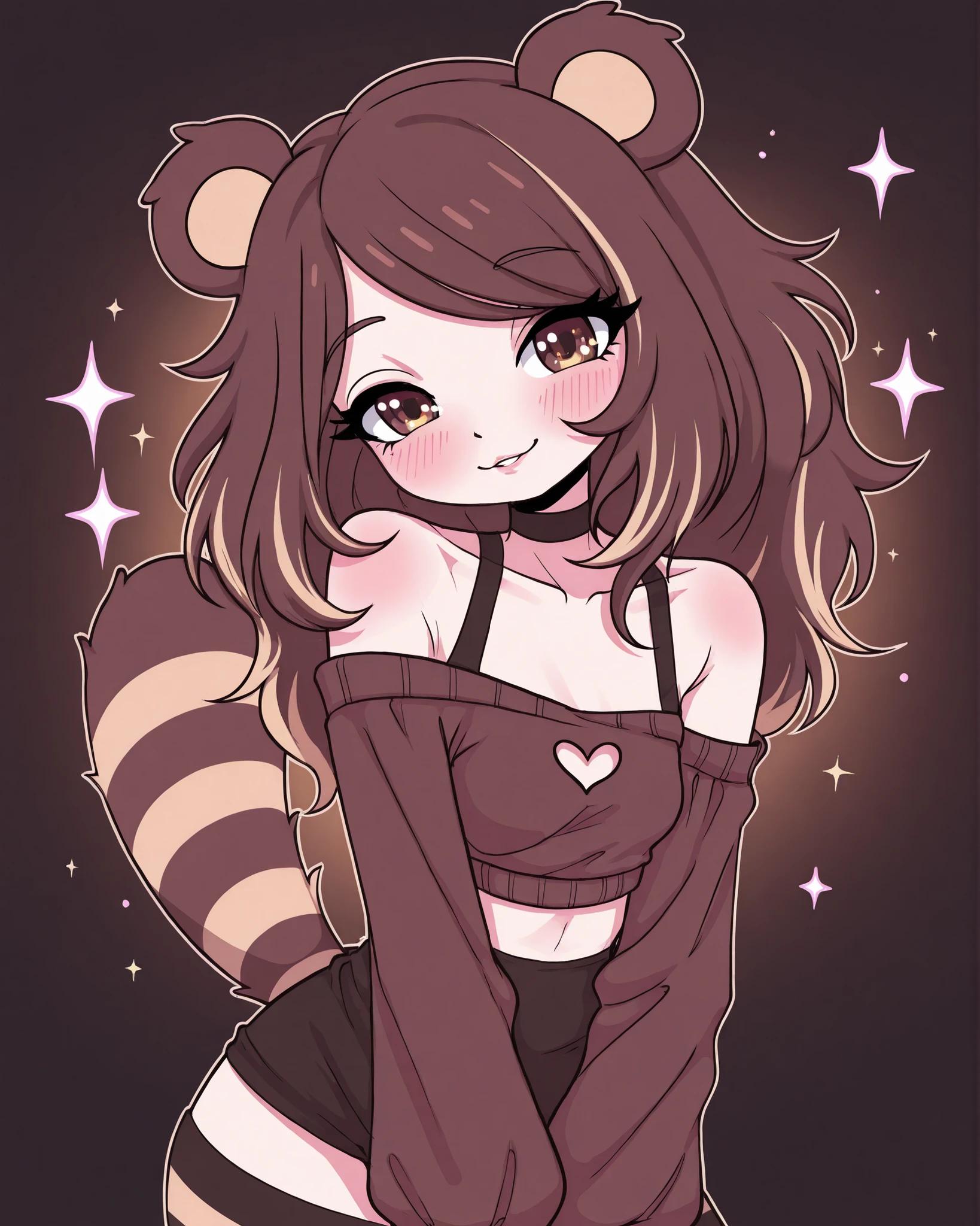 bendover, bending over, pose,CartoonyIllustrious, beautiful anime-style illustration of a kemonomimi tanuki girl, shojo-inspired aesthetic, upper body portrait, fluffy brown tanuki ears and voluminous striped tail, messy shoulder-length dark brown hair with honey-gold highlights, deep amber eyes with a flirtatious gaze, seductive half-smile, wearing a stylish revealing outfit — cropped off-shoulder top, small jacket slipping off one shoulder, slim waist, soft blush, glossed lips, subtle sparkle in the eyes, solid white background, soft and clean lighting, shojo sparkles, dreamy pastel tones, elegant yet playful aura