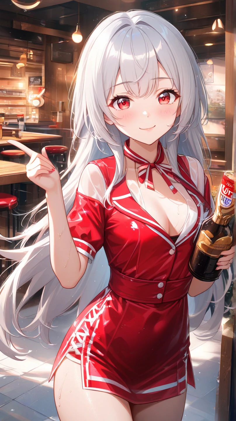 ((worst quality, low quality)), girl, solo, (budweiser Girl),  ((big breasts)), ((Budweiser Pattern One Piece)), ((long silver hair)), hair over one eye, plump glossy lips, beautiful clear eyes, spoken heart,  fishnet Tights, embarrassed, leaning forward, ((bare shoulders)), (light particles, light sparkles, light rays:1.4), (( Beer garden background, Firework:1.3)), high angle shot, Beer garden, masterpiece,best quality,ultra detailed,