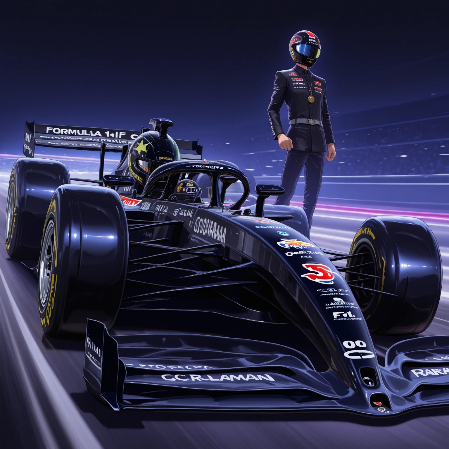 Hyper realistic man, Formula 1 racing outfit, frontal image, he holds a golden trophy in his left hand and raises his other hand in a victory gesture. 8k, realistic, symmetrical --auto --s2