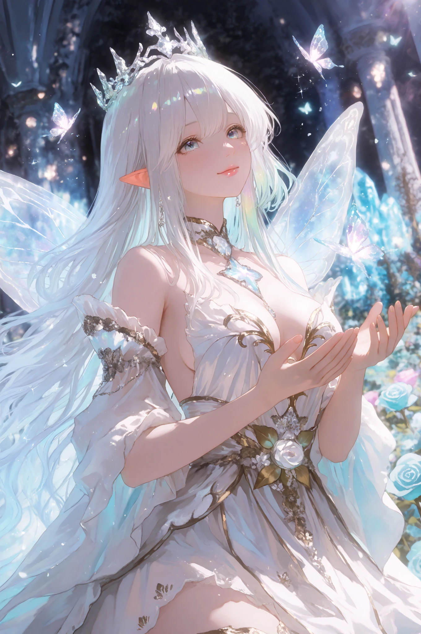 Masterpiece, high resolution, highest quality, fractal art, long white hair, beautiful girl with blue eyes, fairy wings on her back, tiara on her head, jeweled necklace around her neck