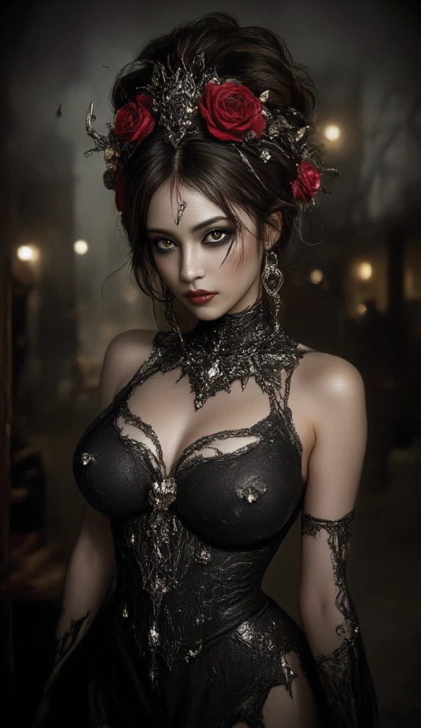 Siempre Bruja, gothic, dynamic side lignhting, dynamic angle, solo focus, studio photo, close up, masterpiece, best quality, perfect lighting, roses, gothic clothes, cgsociety, natural skin, soft impressionist perfect composition, perfect face, character portrait, intricate, sharp focus, oil on canvas, expert, insanely detailed, 32k resolution, fantasy art, detailed painting, hyper realism, photorealistic, smooth soft skin, beautiful detailed intricate, insanely detailed, octane render, unreal engine 5, trending on artstation, sf, intricate artwork masterpiece, ominous, matte painting movie poster, golden ratio, trending on cgsociety, intricate, epic, trending on artstation, by artgerm, h. r. giger and beksinski, highly detailed, vibrant, production cinematic character render, ultra high quality model