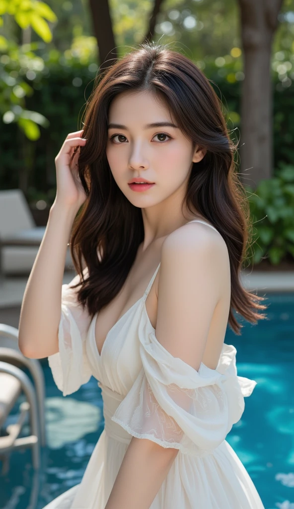 (realistic、High resolution:1.3)、Girl with a perfect figure、Pale face and eyes、brown hair、earrings、white swimsuit、big cleavage