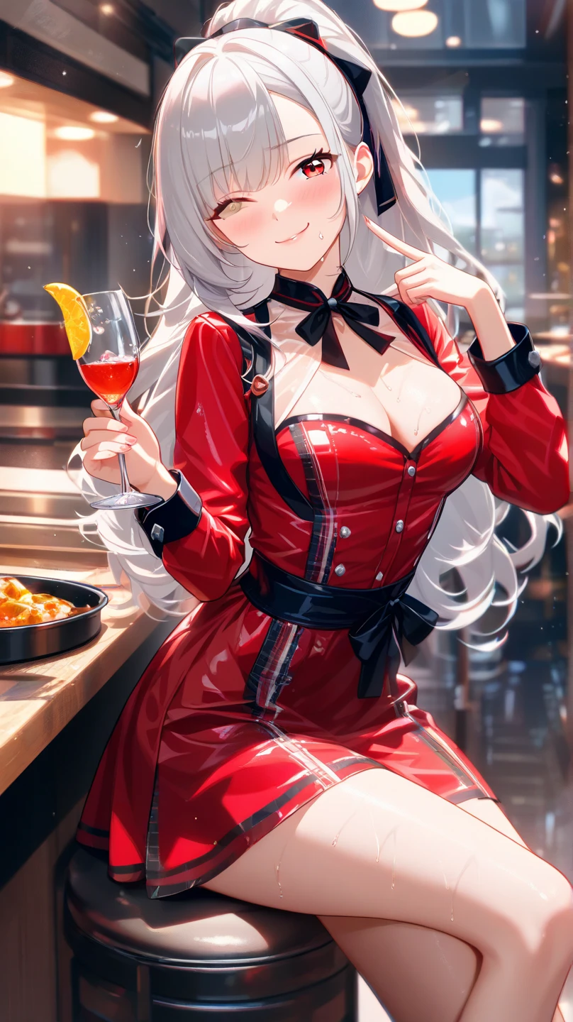 (best quality, ultra-detailed, photorealistic: 1.39), bright and vibrant colors, studio lighting, romantic expression, short red dress, platinum long silver hair, flowing hair, big breasts, fit, Black, pleated high waist skirt, with black fishnet stockings, long-sleeved blouse, mercenary, At the bar, beautiful, sexy smile, face of 19 year old teenage girl in love