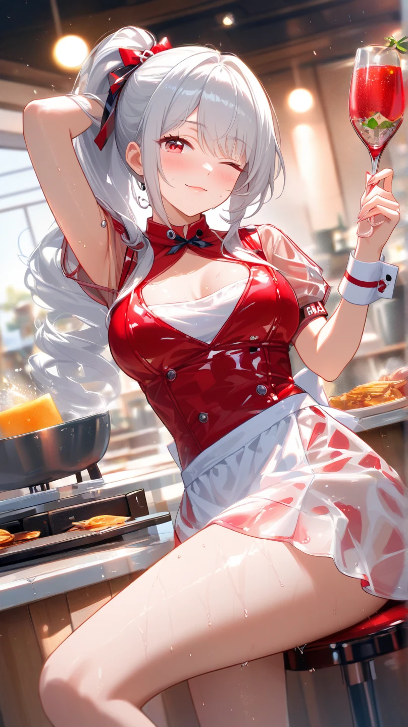 (masterpiece:1.3),(highly detailed:1.3),(highres:1.1),best quality,Ultra-detail,1girl,solo,kitchen,jelofolkwang,naked apron,((white apron)),ass,sideboob, unclear clothes , white pantie, ((perfect body)), salon,((take off pantie)), legwear ,hand pantie, ((perfect breast)), perfect face,slightly curved body,pink eyes