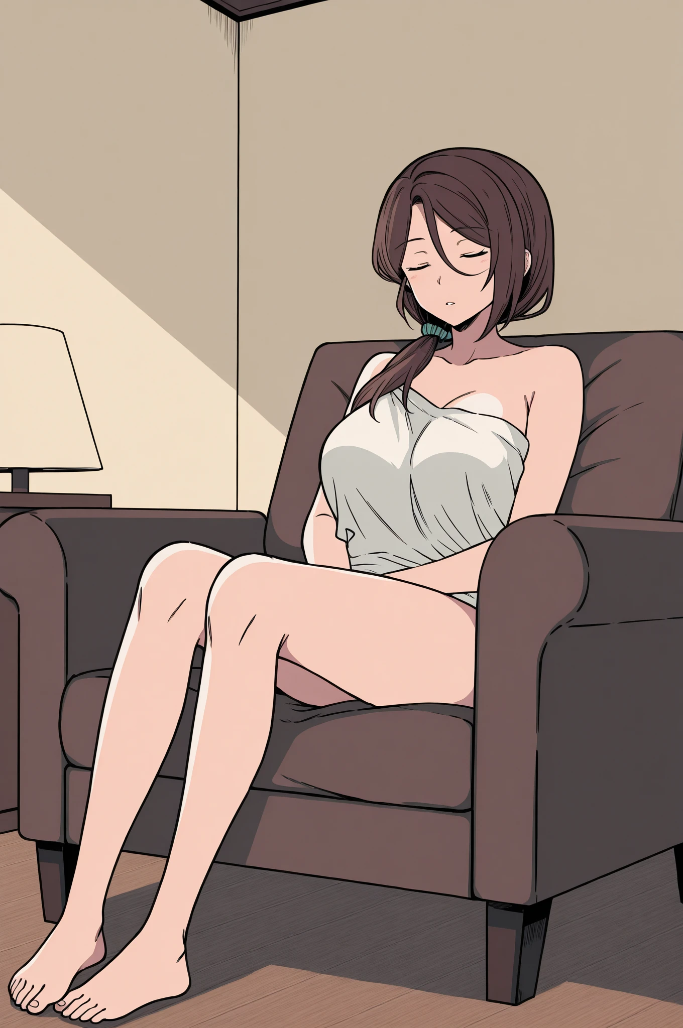 a beautiful girl, slender, boyish, handsome short hair, brown hair, (wear a white long-sleeved T-shirt), (white bikini panties) , Perfect hands, Perfect body, reclining, lying on a sofa, body facing up, legs retracted touching the sofa, , throw one's leg over the arm of the chair, (barefoot), ((two legs)), ((looking away)), relaxing, seduction, room, midnight, ((Exquisite detail)), Very finely crafted fingers(((10 fingers))), (full body showcase), (Show your whole body), (No logos on background), (No logo), (from below)
, feet focus, dynamic angle, high resolution, official art