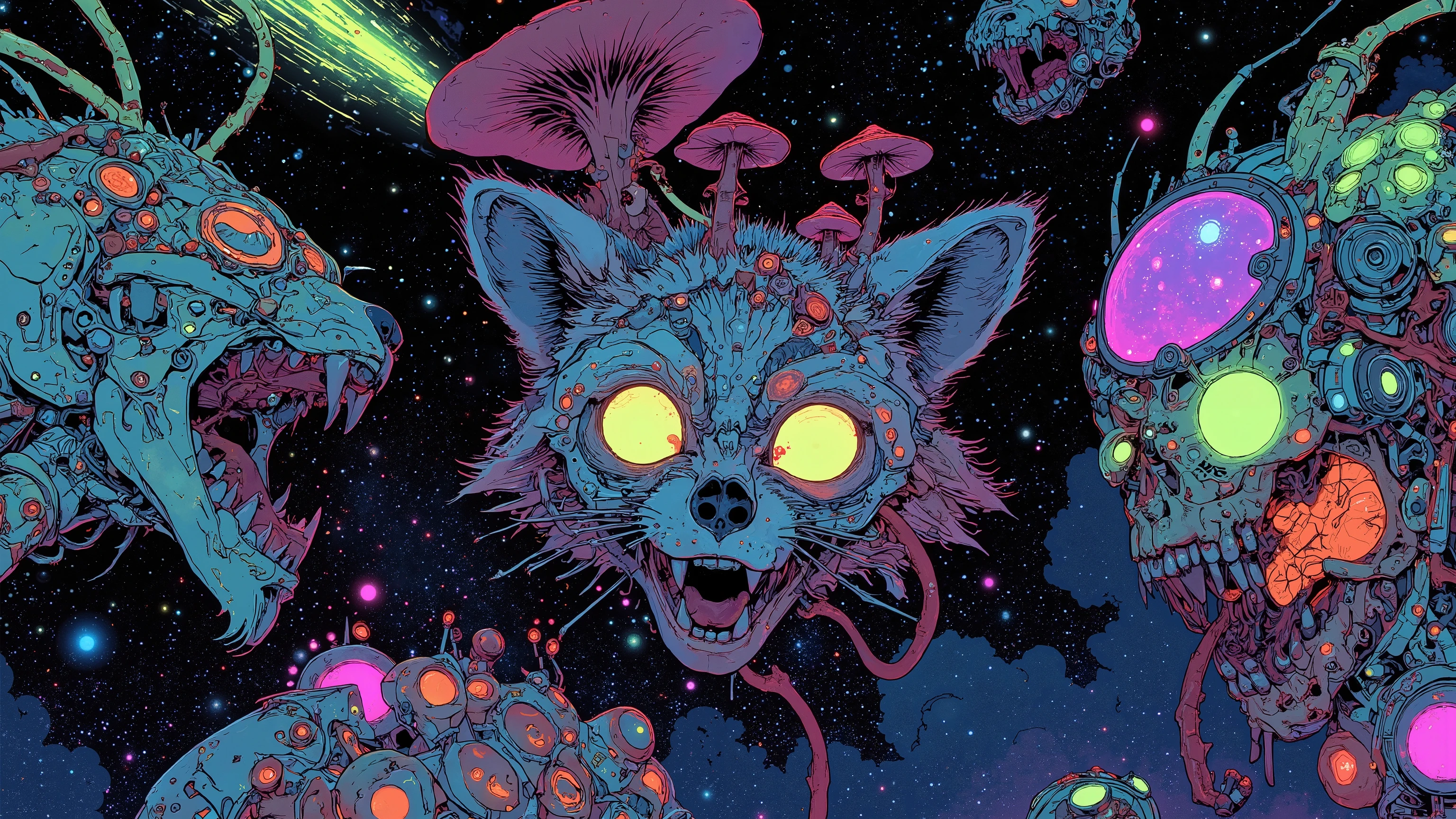 crystal skulls and mutant raccoon skulls float in the cosmos, rainbow-colored glitch halos surround them, some laugh hysterically, others scream in slow motion, bio-luminescent mushrooms sprout from eye sockets and between teeth, cybernetic implants glow in raccoon bone, twitching insect legs grow out of jaws, ultraviolet and neon green hues penetrate the scene