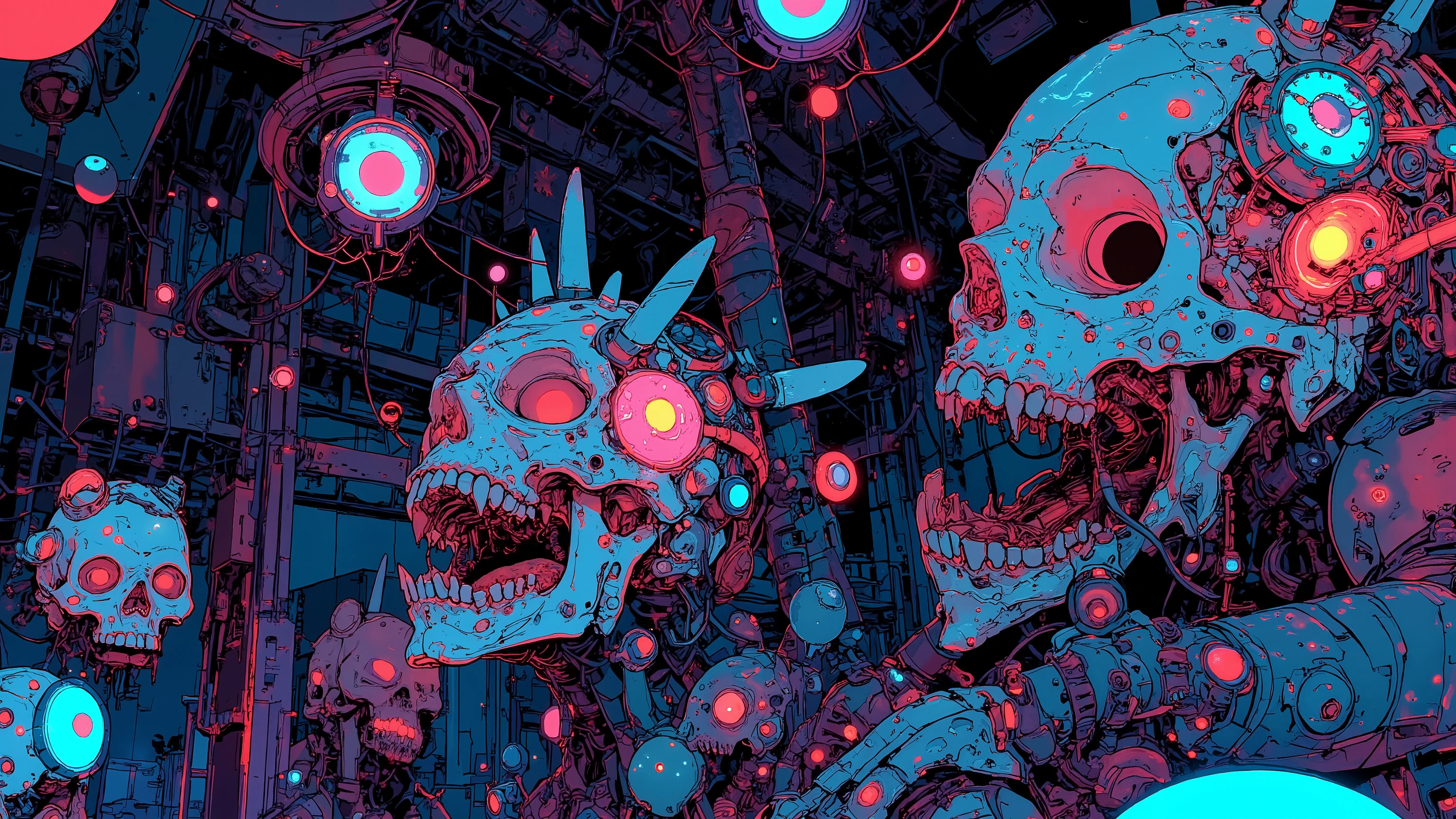 crystal skulls and mutant raccoon skulls float in the cosmos, rainbow-colored glitch halos surround them, some laugh hysterically, others scream in slow motion, bio-luminescent mushrooms sprout from eye sockets and between teeth, cybernetic implants glow in raccoon bone, twitching insect legs grow out of jaws, ultraviolet and neon green hues penetrate the scene