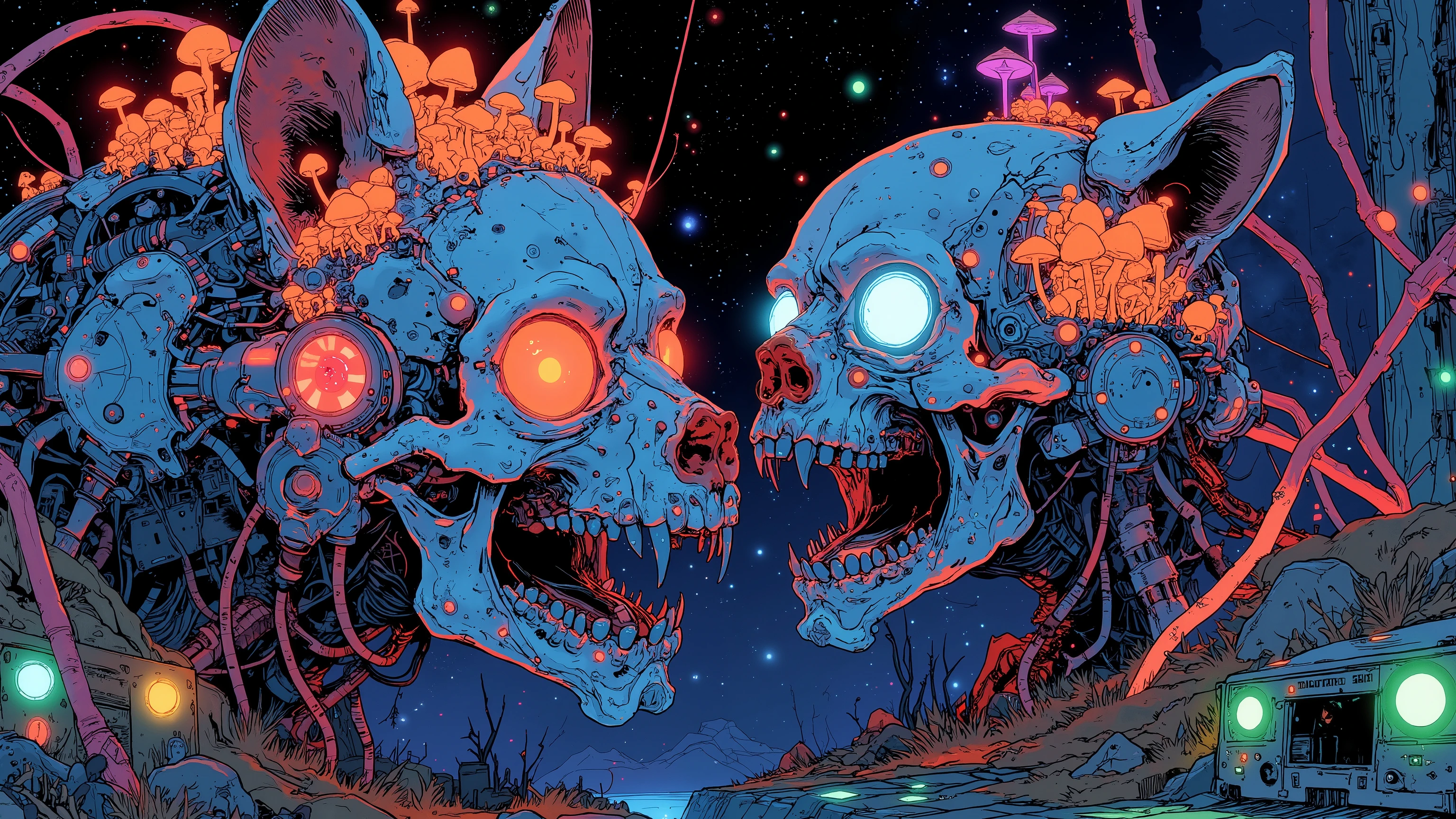 crystal skulls and mutant raccoon skulls float in the cosmos, rainbow-colored glitch halos surround them, some laugh hysterically, others scream in slow motion, bio-luminescent mushrooms sprout from eye sockets and between teeth, cybernetic implants glow in raccoon bone, twitching insect legs grow out of jaws, ultraviolet and neon green hues penetrate the scene