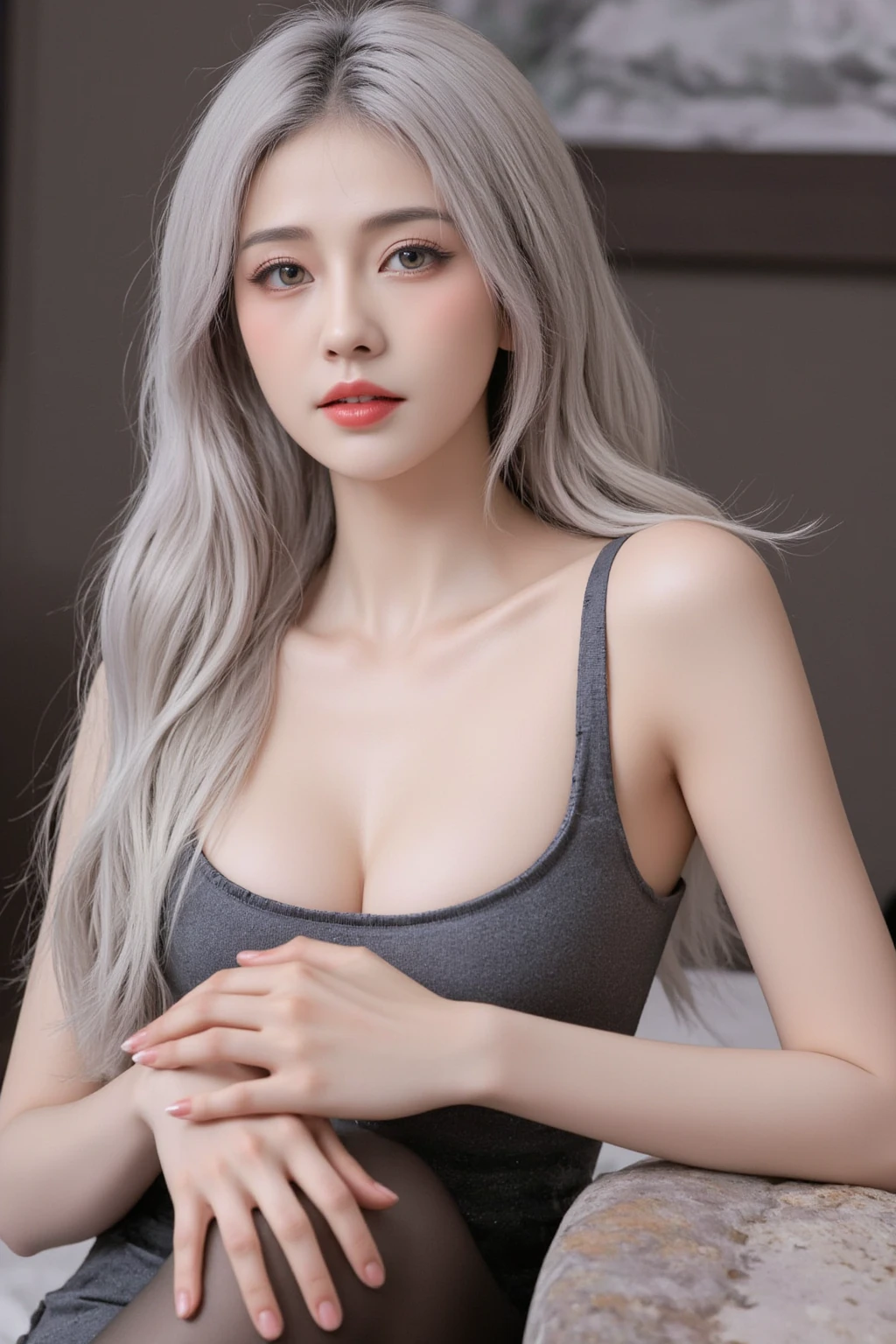 1girl, Beautiful face, (photo realistic:1.4), (high detailed skin:1.3), 8k uhd, dslr, high quality, high resolution, 4k, 8k, absurdres, best ratio four finger and one thumb, (realistic:1.4), little lips, ((Best quality, 8k, 32k, Masterpiece :1.3)), A pretty woman with perfect figure :1.4, Slender abs :1.3, ((ash-grey hair, Big breasts :1.2)), Highly detailed face and skin texture, Detailed eyes, Double eyelid
