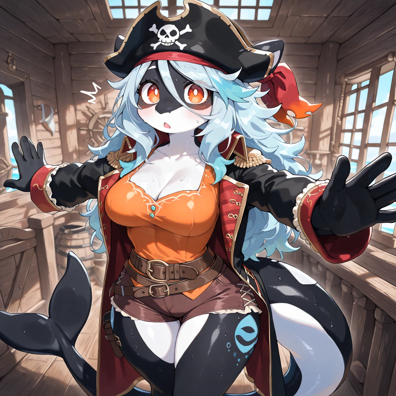 top quality, best quality, High-quality illustrations, masterpiece, super high resolution, detailed background, Hospitals with power outages, Spooky creatures, Pirate Ship, a pirate, 1girl, absurdres(highly detailed beautiful face and eyes)perfect anatomy, expression, good lighting, cinematic shadow(kemono, furry anthro),