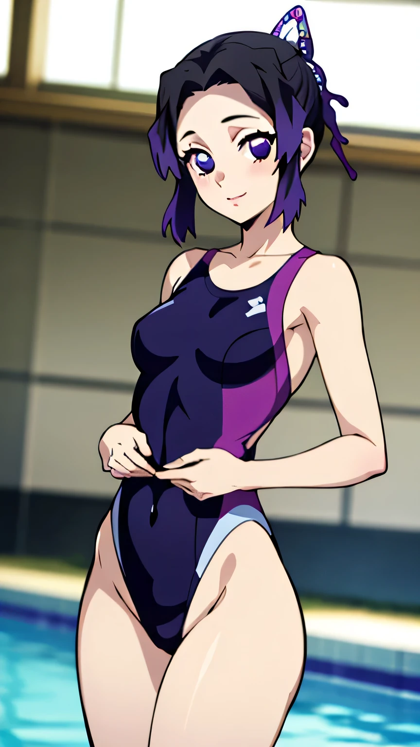 (Lori,15yo student, teens), (onepiece swimsuit, Very small breasts),(straight haired,short-hair),Stand in the ring of professional wrestling,extremely detailed face and skin, Detailed eyes, Double eyelids, put hands on the hip,knee high socks,long wrestling boots,Lace gloves,smil