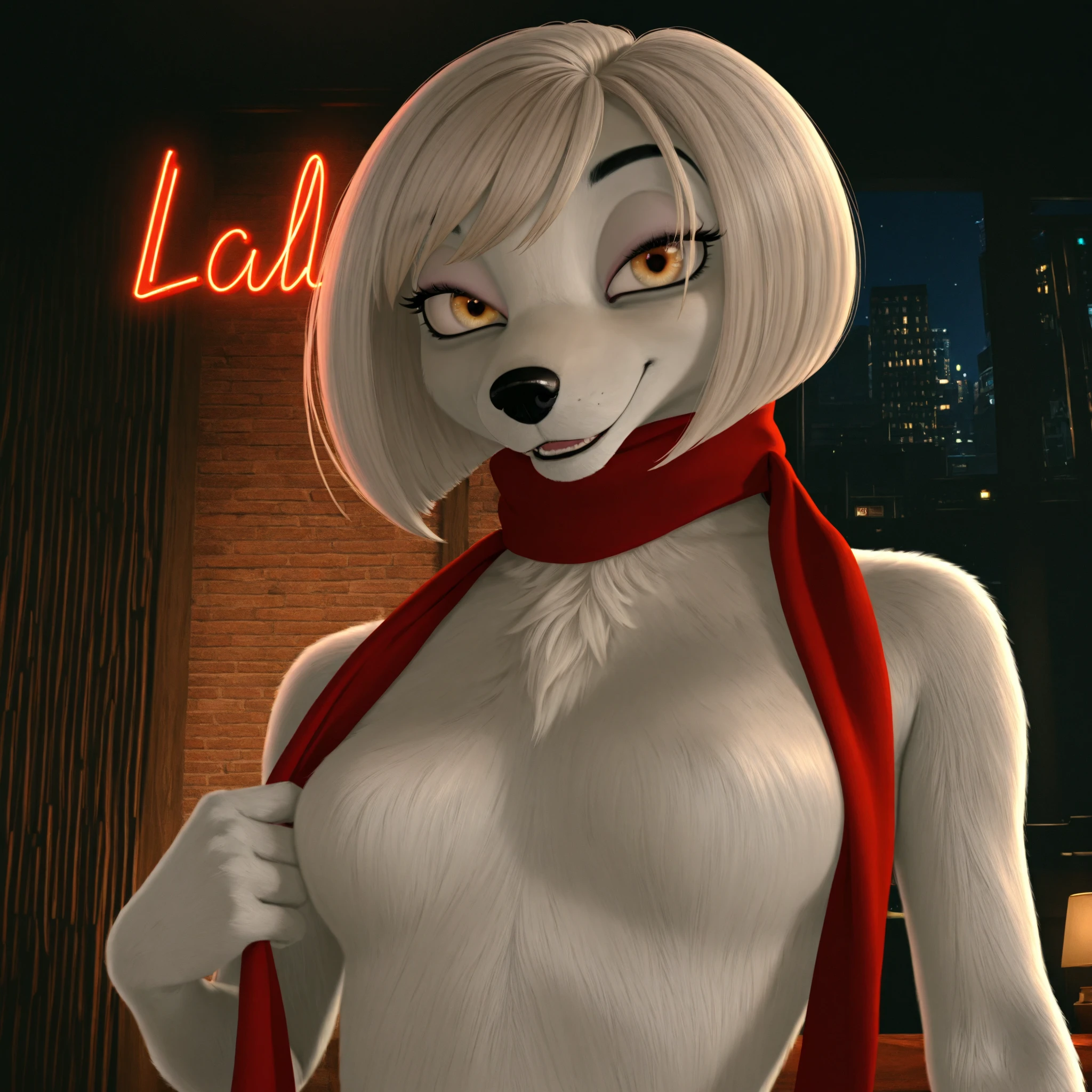 Loona from Helluva Boss, female white wolf, anthro, short white fluffy bob cut hair, sunglasses, she is blind, adult, mature, mommy, standing, serious, detailed, solo, beautiful, high quality, 4K