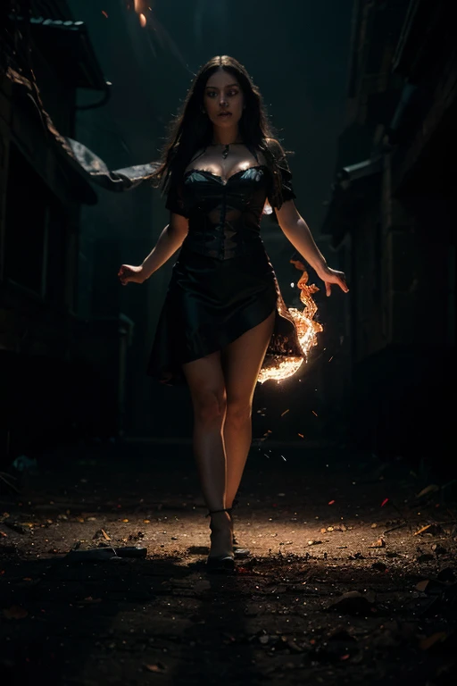 (Extremely detailed 8k wallpaper), a mid shot photo of a powerful sorceress in dark red dress walking in a burning forest at night, complex, highly detailed, and dramatic, 25 years old girl, fit girl, happy:1.2, power pose, powerful, cinematic lighting, fireflies, bokeh, smoke, power field, visible powerful aura, glowing aura, large breasts, burning grounds, dark red and black leather sorceress dress, dark night:1.2, trees in flames, burning trees:1.2, forest in fire:1.2, forest fire:1.2