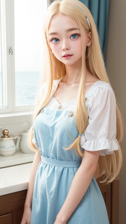 ((Full Shot:1.3))　(big 1.4)　Beautiful Fantasy Girl　((highest quality)), ((masterpiece)), (Get used to it), Perfect Face　(1 girl)　(French)　(She is 15 years old、The cutest teen in France.)　((highest quality)), ((masterpiece)), length blonde hair 　length, shining golden hair,Golden Silky Hair, Straight blonde hair, length blonde straight hair, Perfect Silky Straight Hair, Straight blonde hair, length blonde hair, Her hair is long and straight, detailed length blonde hair　((big 1.4))　Super Long Hair down to the ankles　((Neat bangs　The neatly trimmed bangs are princess cut and cover the entire forehead.......))...　bright crimson lips　good, Anatomically correct hand　Thin fingers　Anatomically correct five fingers　Sexy professional makeup　Beautiful French girl face, French  features, Long Hair shiny Long Hair, length, shining golden hair, length, Straight Golden Hair, Her hair is long and straight, Super Long Hair girl, Silky Hair, length blonde hair, Silky Hair, length, Flat Hair, Silky texture, Long Hair, length, flowing blonde hair, thin and shiny hair　Anatomically correct、White beautiful human skin and detail of hands and fingers　Beautiful Eyes　Mouth Details　the corners of the mouth rise slightly　Cool look　　(The eyebrows are dark brown in color)　　(She is wearing the gorgeous blue dress worn by Cinderella in the live-action version.　Disney Color Photos、tumbler、Renaissance、Cinderella、She is wearing a gorgeous Victorian blue dress.)　(This is a 16th century European town.)