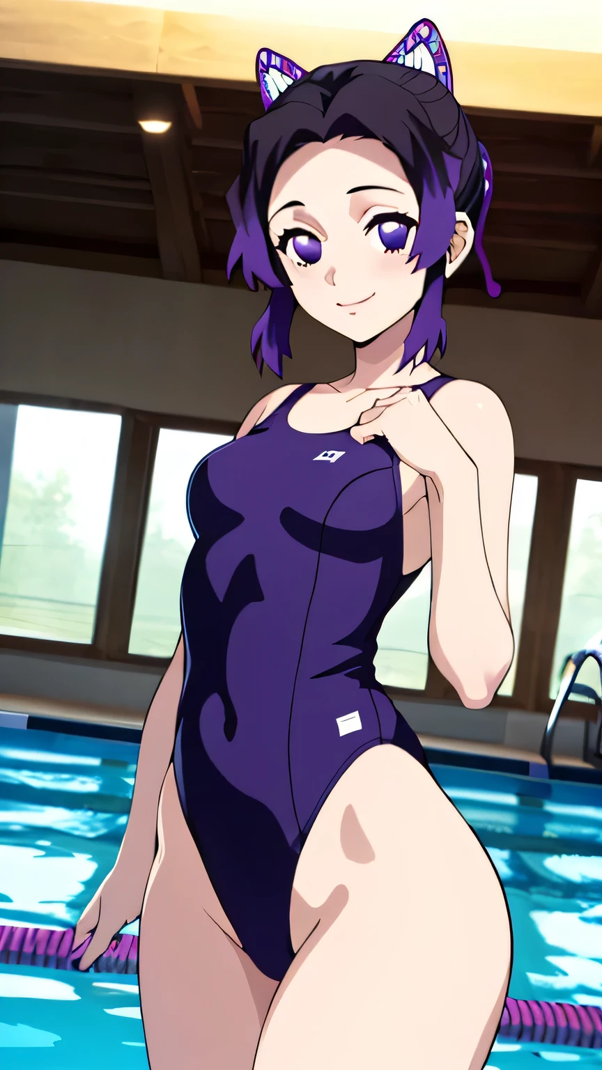 high tail hairstyle, Ponytail hairstyle, Long wavy black hair, standing posing, anime girl style, pixel art anime style,penetrating look with deep eyes,red and purple eyes, hair with a ponytail hairstyle trapped with a big red bun, Women, red hair clips, x color shaped hair clips , smiling face blush, next to the pool, one piece swimsuit, showing my ass to the camera, Black hair, parada next to the pool, sexy lingerie 