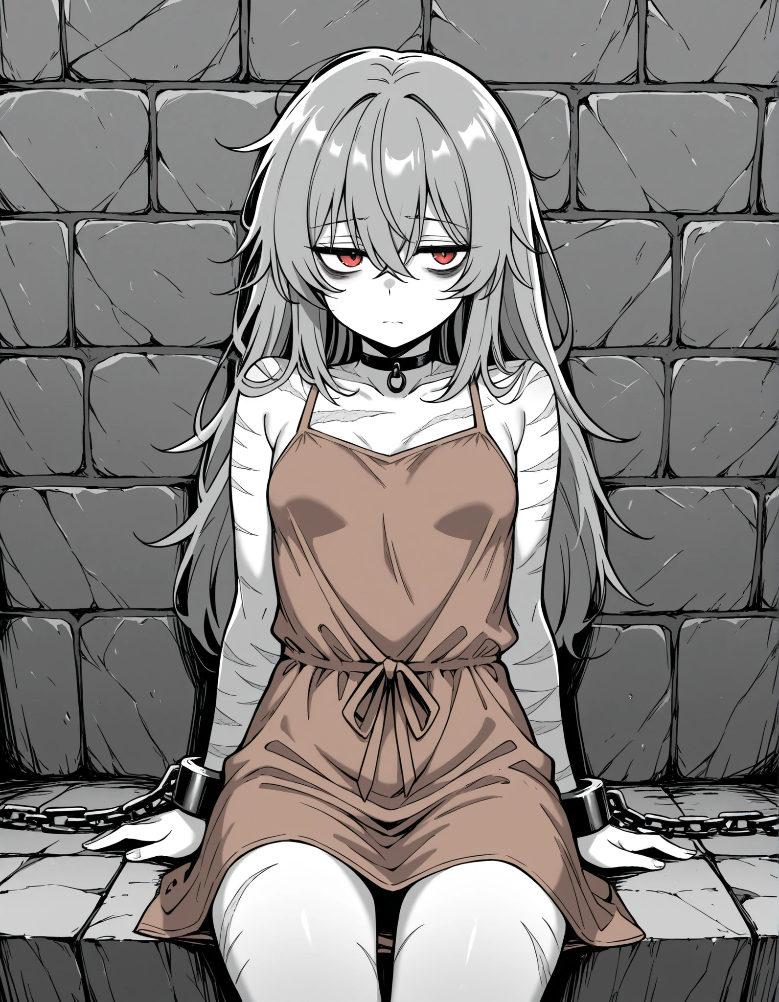 greyscale, monochrome,, stone wall background,1girl, solo, (red eyes), choker, shackles, chains, cowboy shot, open legs, sitting, feet, toes, hands on the sides, OverallDetail, komekko,, (masterpiece, best quality, absurdres), 1girl, solo, small breasts, dark gray hair, long hair, gray eyes, bags under eyes, scars, burn scars, malnourished, depressed, innexpressive, brown dress, sundress,