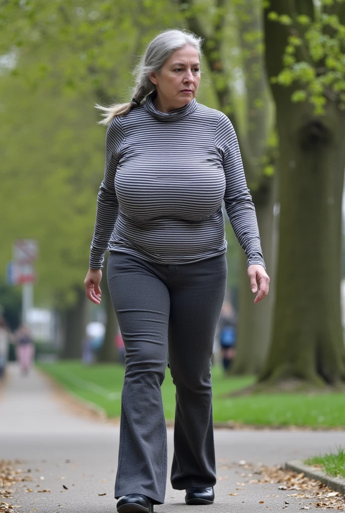 A 35 years old woman, walking in the street in a modern city. Wearing a light grey sleeveless shirt and long skirt, high heels, extremely huge saggy breasts. She is in a hurry. Looking stressed.