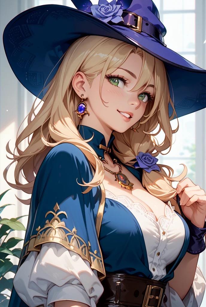(( straight face picture )) ((best quality)),  ((Masterpiece)), (details), Young woman , yellow hair , Dirt. , blue eyes ,Blue purple set, Gold pattern, wearing a big brimmed hat , Magician , The dress is very beautiful. ,long dress ,big breasts ,Big butt