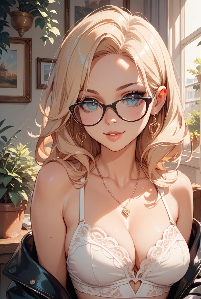 (masterpiece, best quality, chromatic lighting, professional quality) FaithMirror, 1girl, solo, blonde hair, high ponytail, realistic body proportions, parted lips, lingerie, laying on bed, looking at viewer, black rim glasses, lips, seductive, pov fucking cowgirl, ahegao, moaning, screaming, eyes fluttering, worms-eye-view perspective, viewer looking up at her face