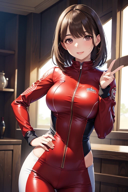 Taeko Kondo、Girls&Panzer、Brown Hair、Short Hair、((pantyhose))、Photo from below、Medium chest、Bedroom、(Swimsuit)、Red ribbon、Black gloves、